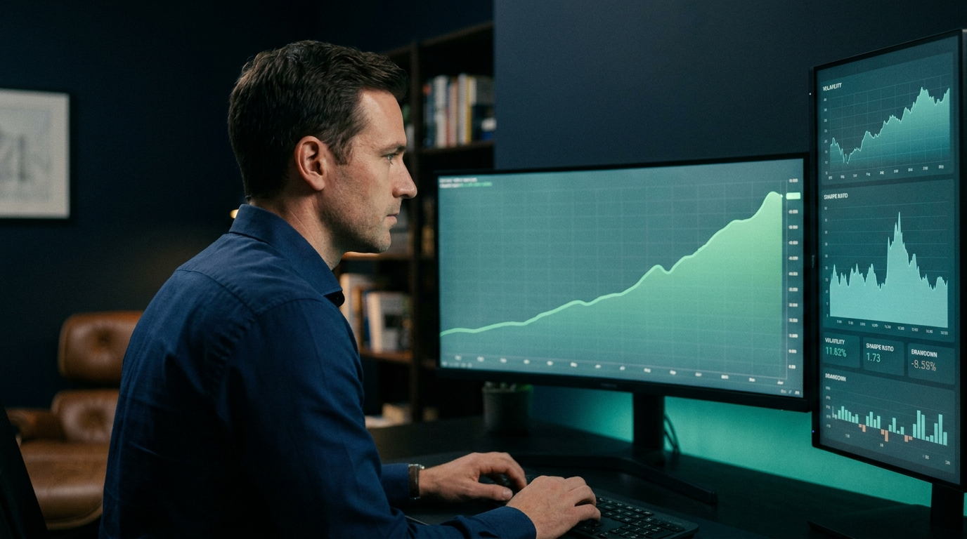 A trader studying a smooth rising equity curve on a large monitor beside a second screen of risk metrics, lit by a soft emerald-teal glow