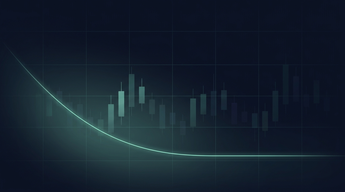 An abstract muted navy chart with a single thin teal line descending and then leveling off near the bottom