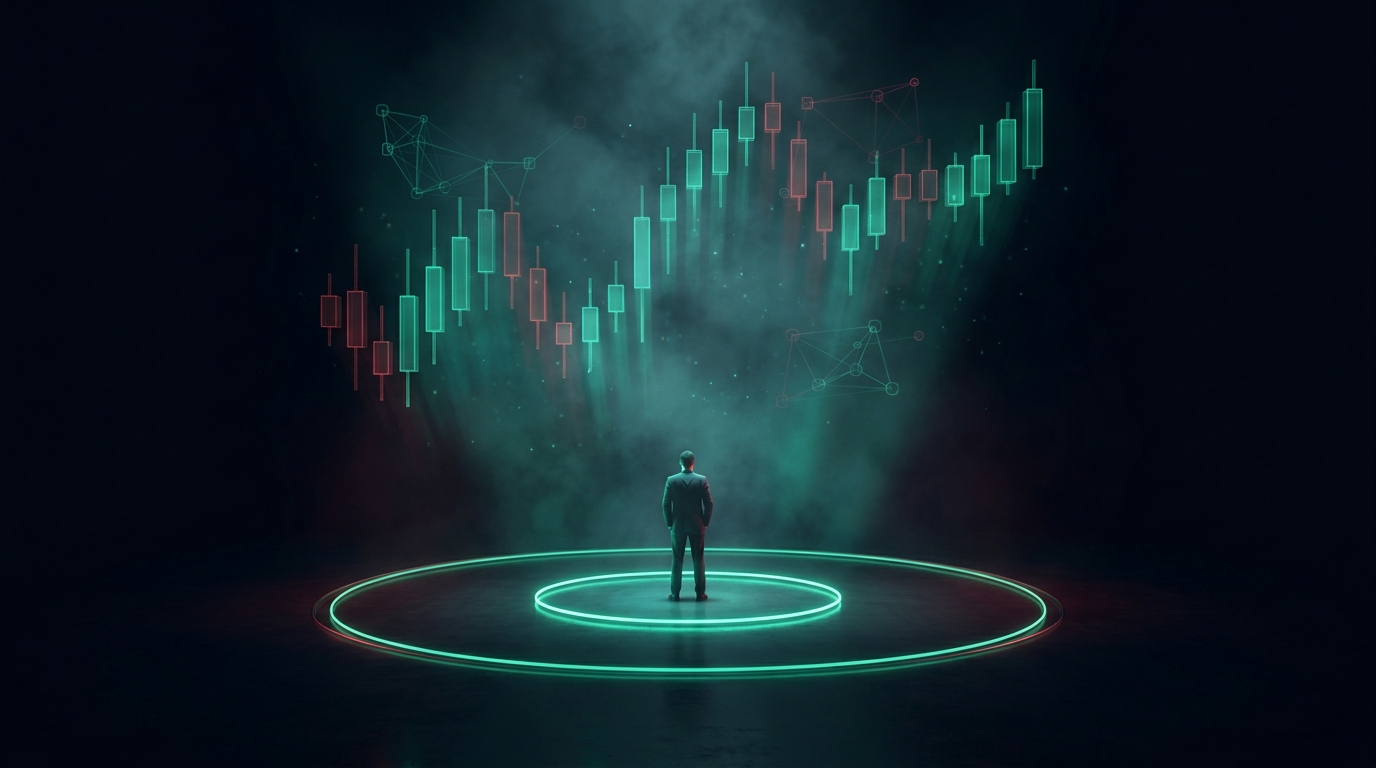 A lone suited figure shot from behind standing at the center of an inner tight emerald ring and a larger outer emerald ring on a dark floor, holographic chart above