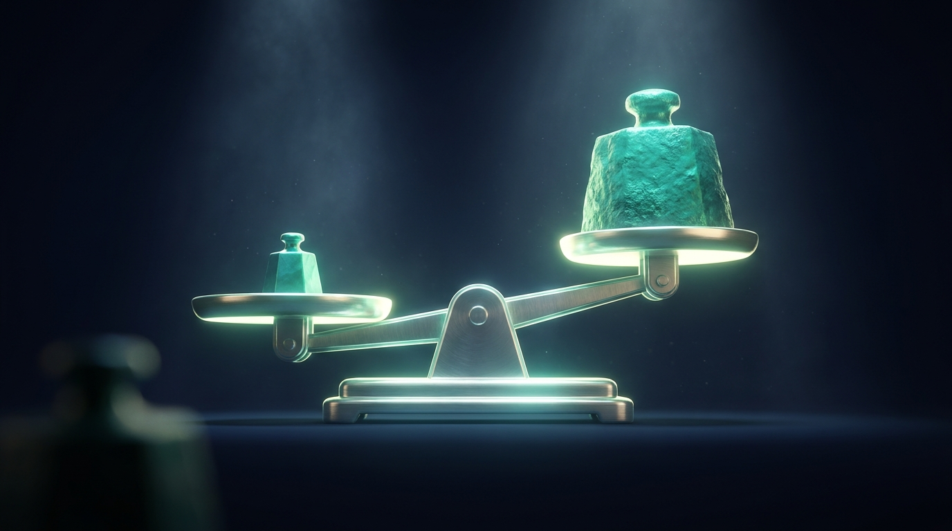 A cinematic render of a glowing teal balance scale weighing a small weight against a larger one, representing the risk-to-reward ratio