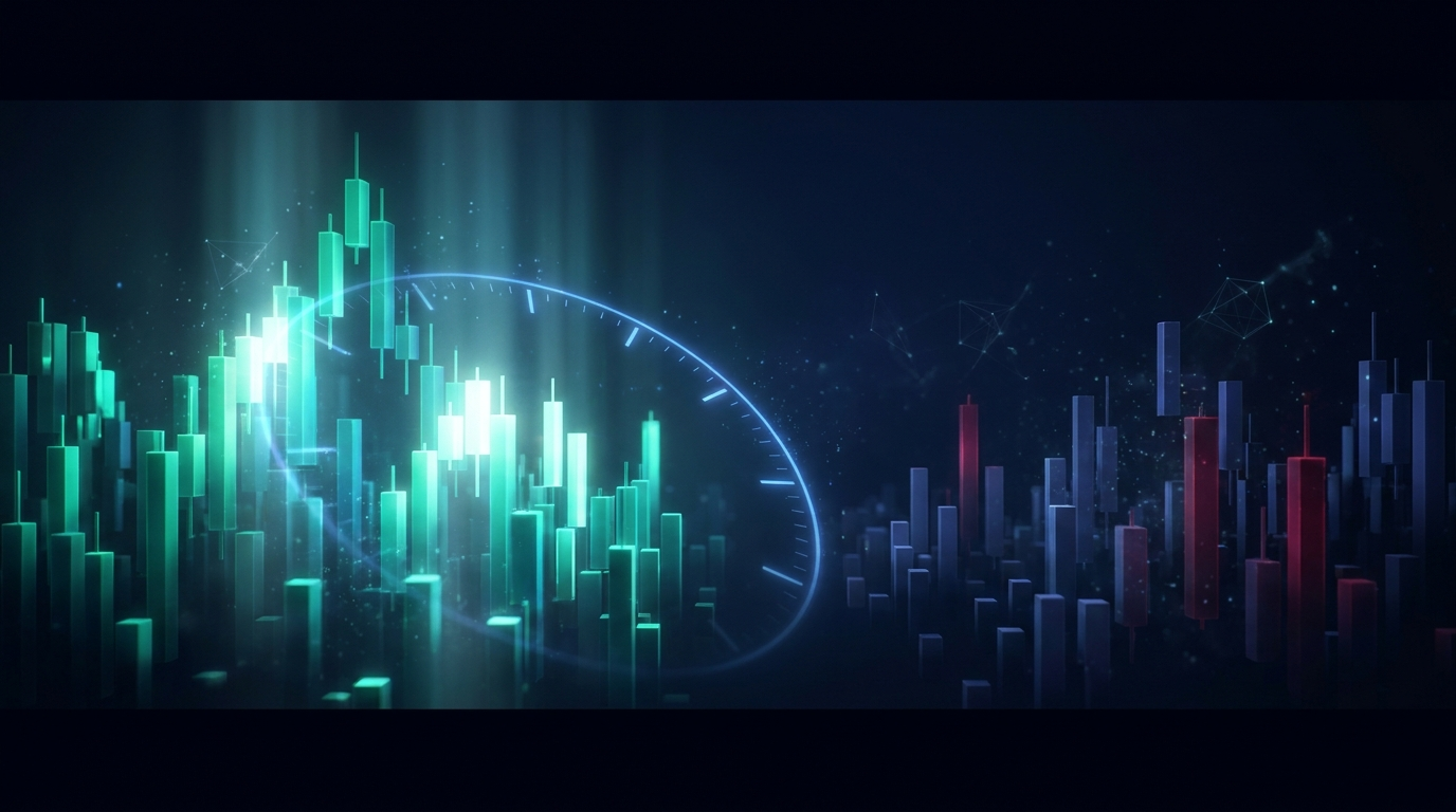 A cinematic render of a city skyline built from glowing teal candlestick towers, split between a bright dense daytime cluster and a quieter dim overnight field, representing the RTH and ETH futures sessions