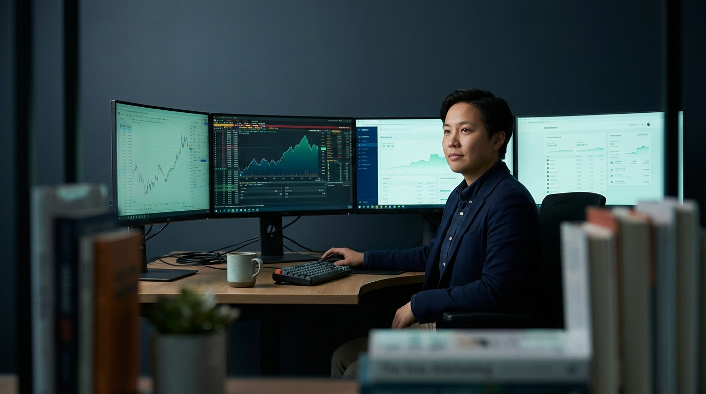 A composed trader at a tidy multi-monitor desk where several screens each show a different funded account dashboard, representing running multiple accounts at once