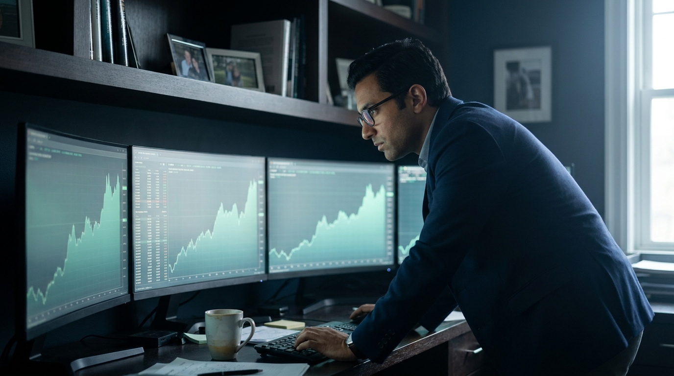 A focused trader at a multi-monitor desk seen from the side, charts ascending in soft teal glow across the screens