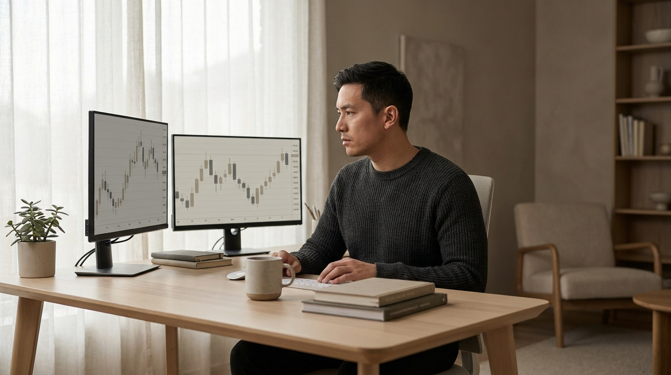 A focused trader working calmly at a clean two-monitor desk in natural light