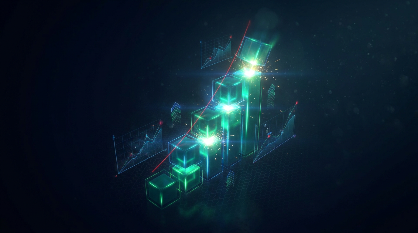 An ascending staircase of glowing teal candlesticks over a dark grid, representing scaling into a position in stages