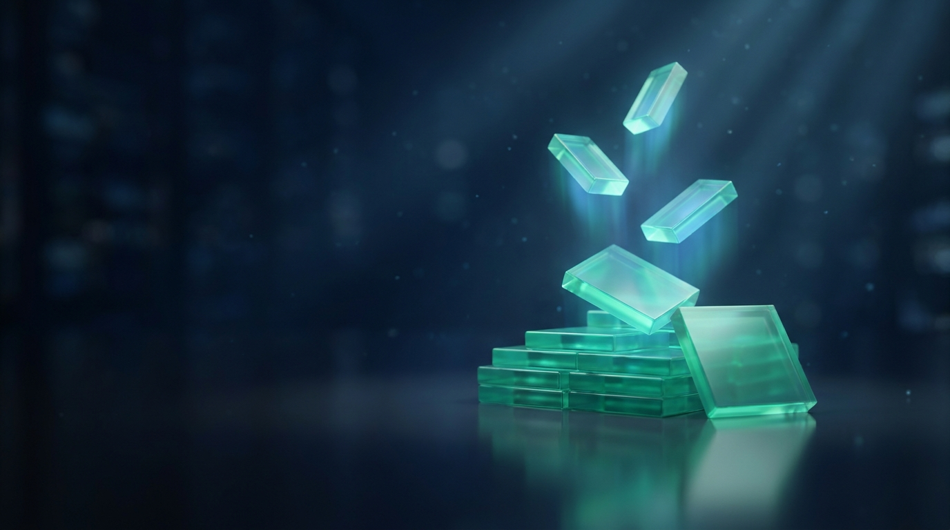 A cinematic render of a glowing teal stack of chips with portions lifting away, representing scaling out of a trade in tranches