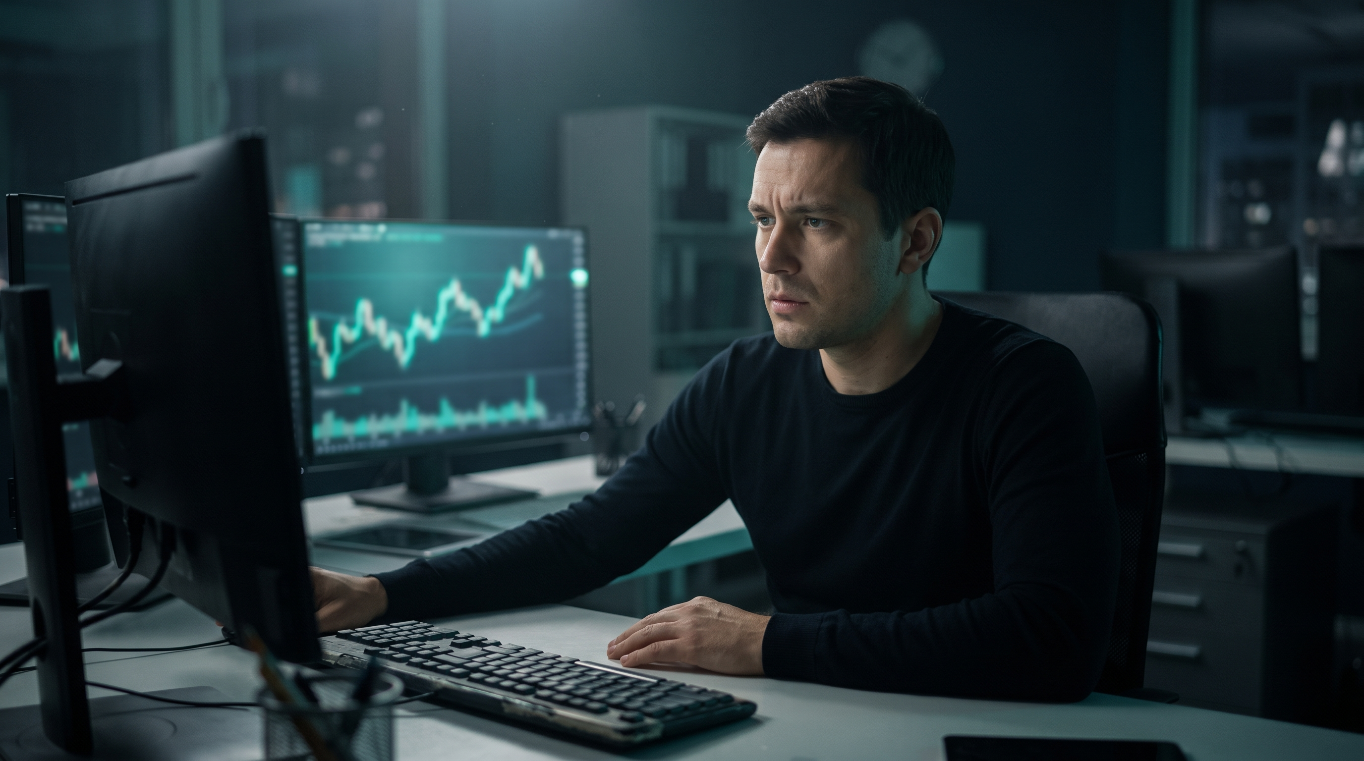 A lone trader at a dark multi-monitor desk late at night, leaning back to read a breaking company headline on the center screen while a price chart glows teal beside it