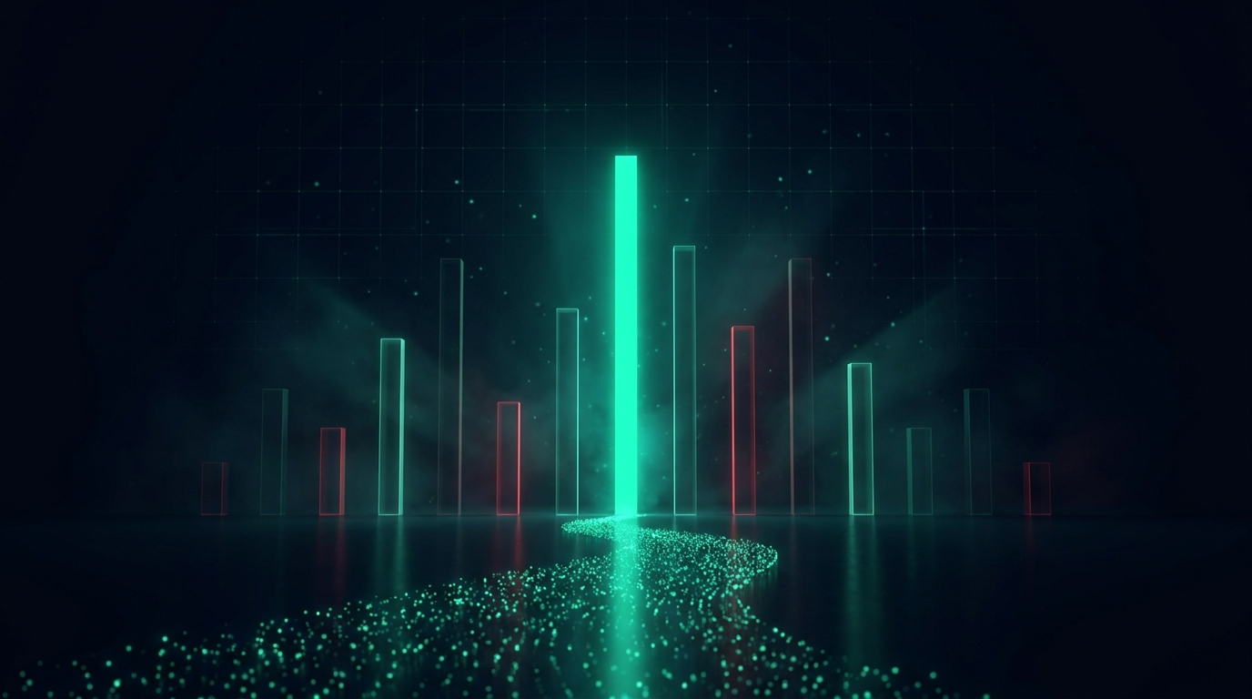 A row of glowing vertical pillars of varying heights with one bright teal pillar leading and short red pillars lagging, representing sector strength across market sectors