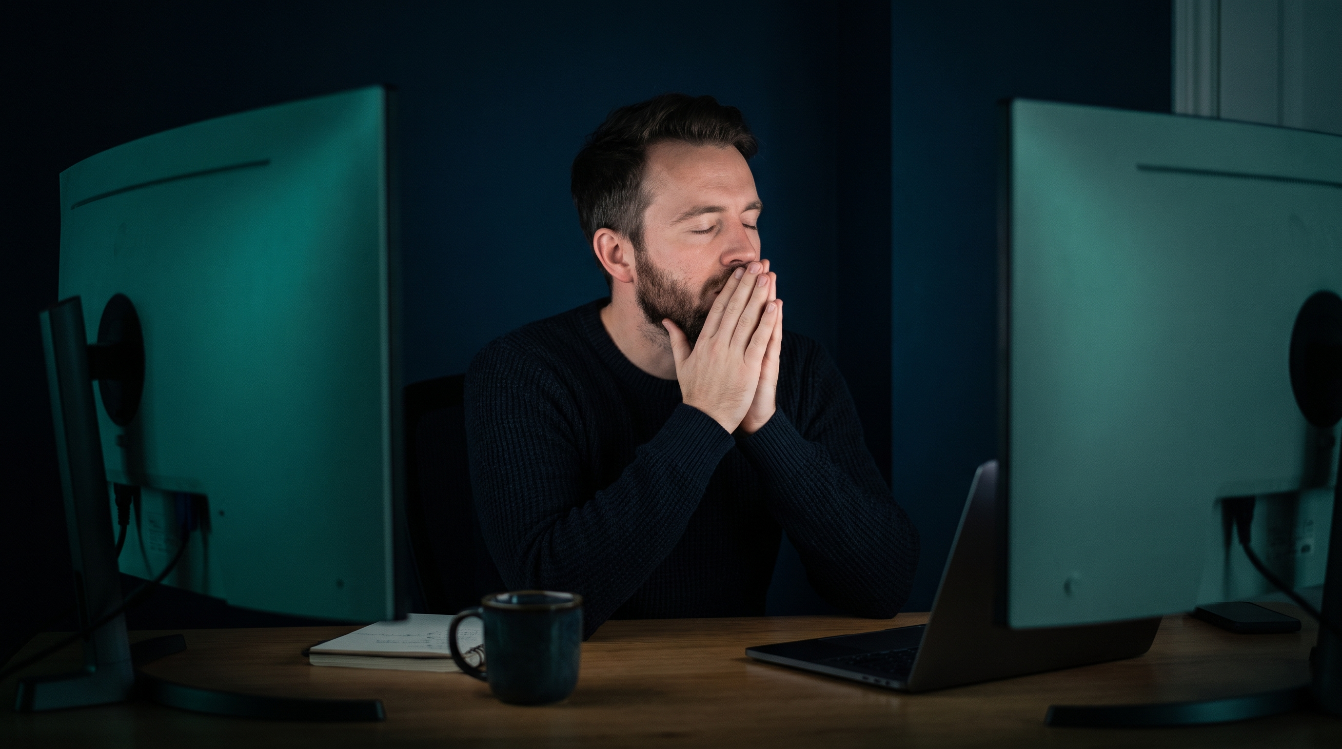 A trader with eyes closed and hands clasped in front of his mouth, pausing at a desk between two monitors glowing teal in a dark navy office