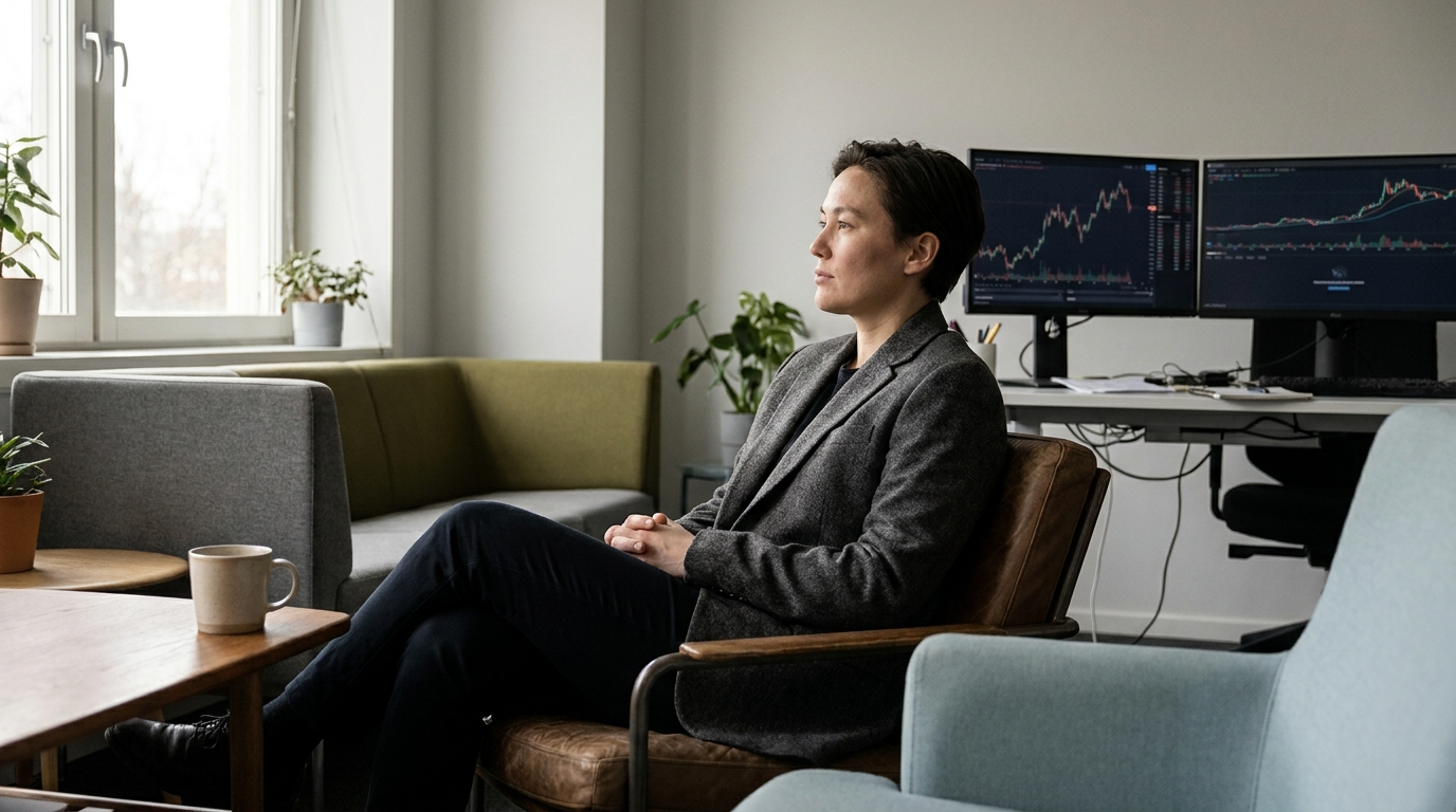 A composed person sitting back in a chair, away from the trading screens behind them, looking off to the side with a calm, grounded expression