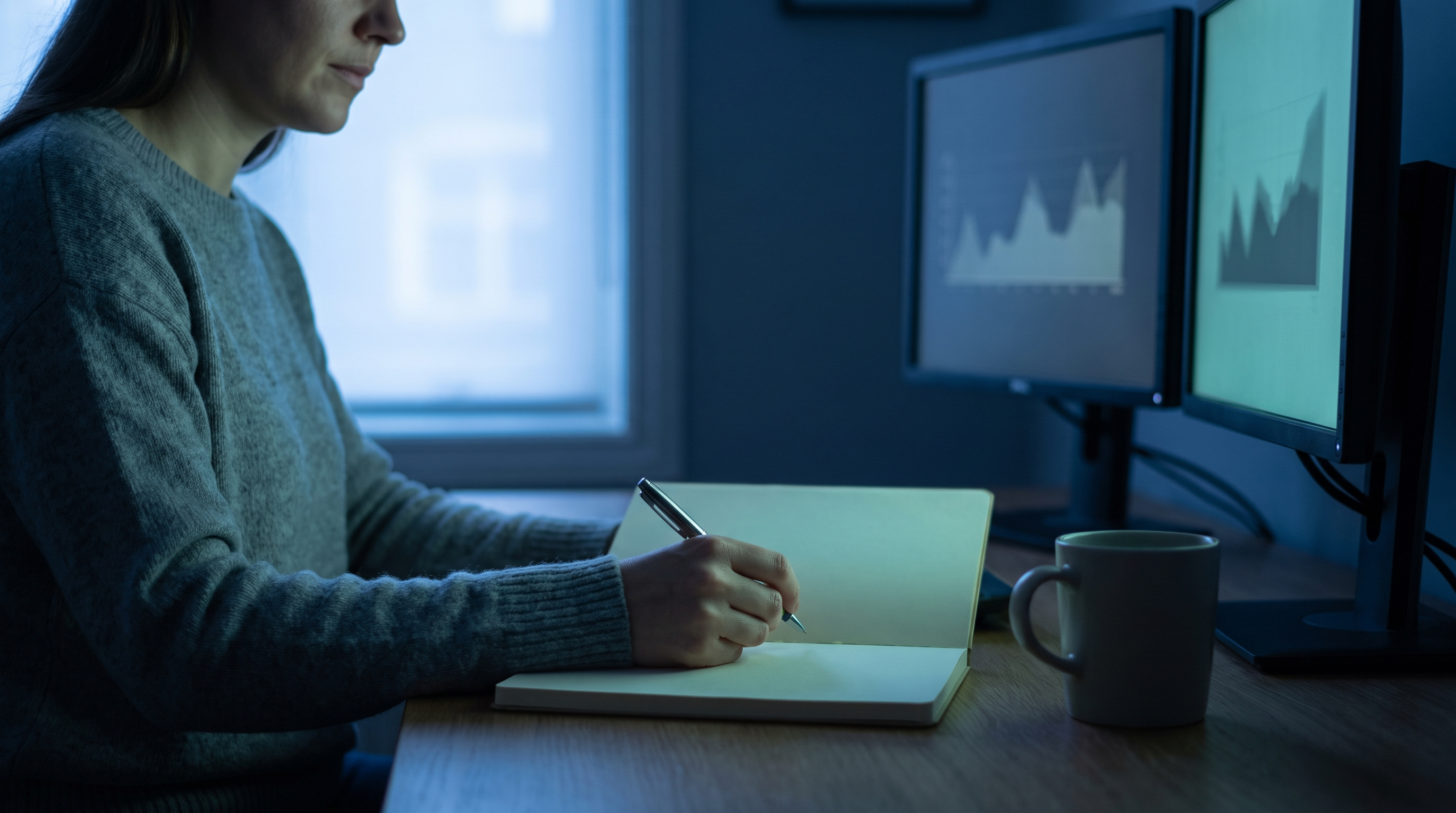 A lone trader at a tidy home office desk in early morning blue light, writing in a paper notebook beside two dimmed monitors with faint chart shapes