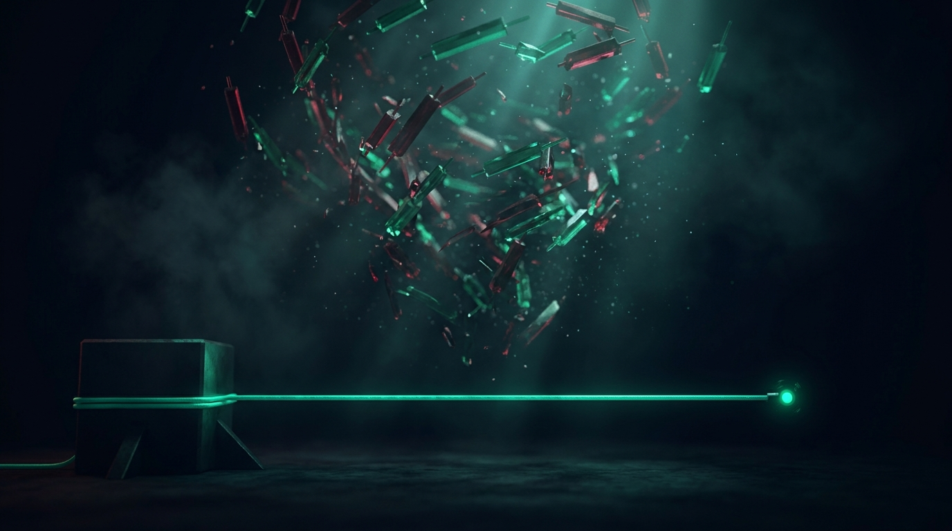 A cinematic render of a storm of shattered red and emerald candlestick shards above a single taut emerald cable anchored to a heavy block, representing a stop that holds through crypto volatility