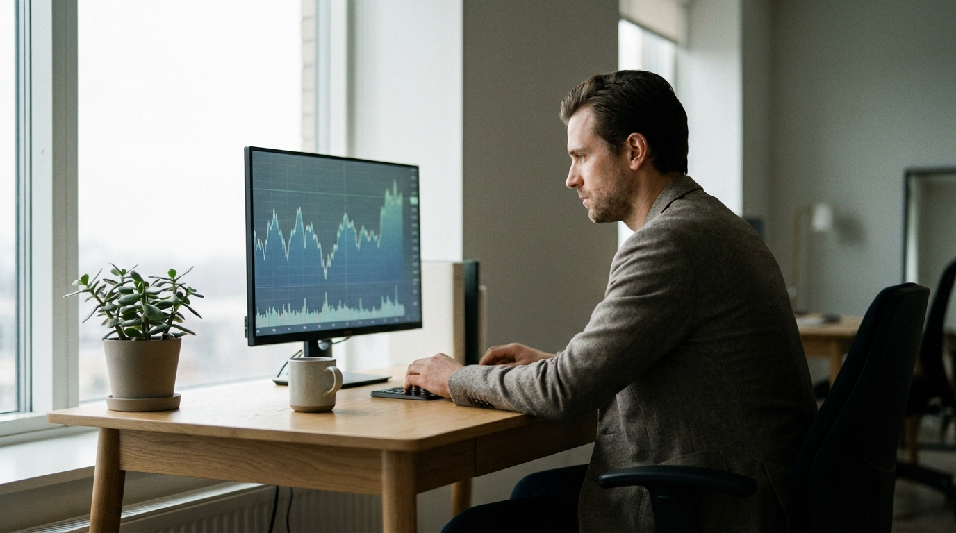 Calm trader at a clean desk reviewing stock charts on a single monitor in soft natural light