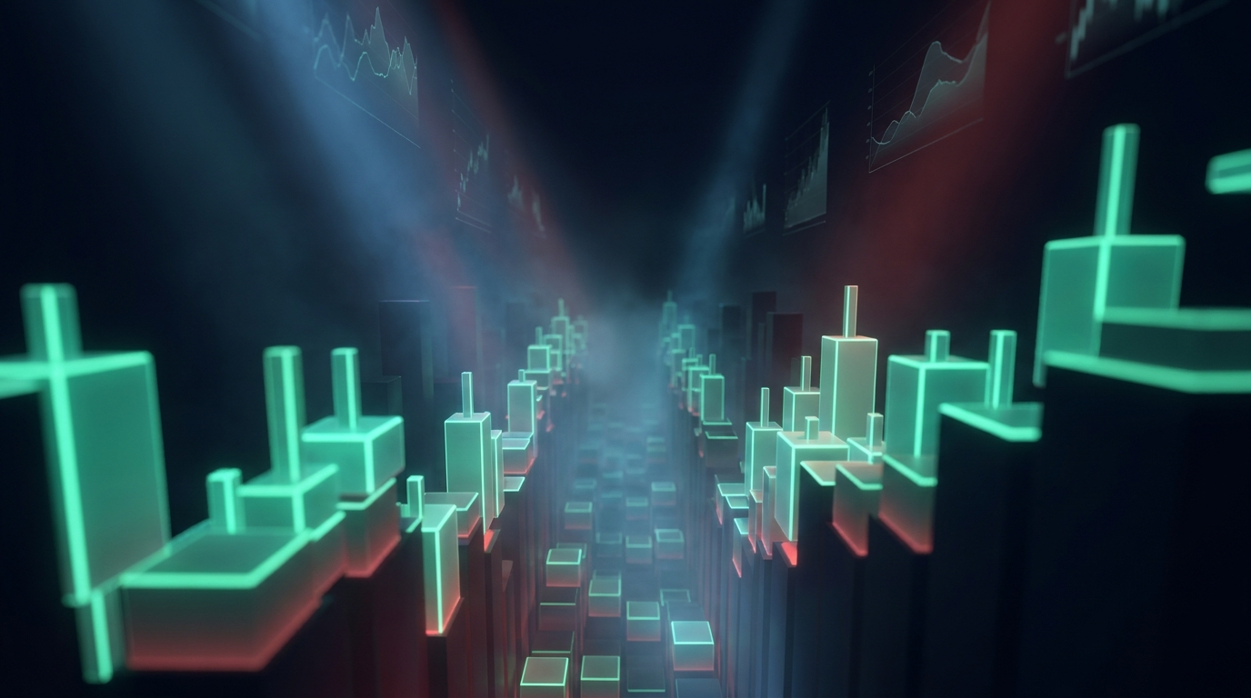 A descending canyon of glowing teal-green and red candlestick data blocks stepping downward in a dark navy environment