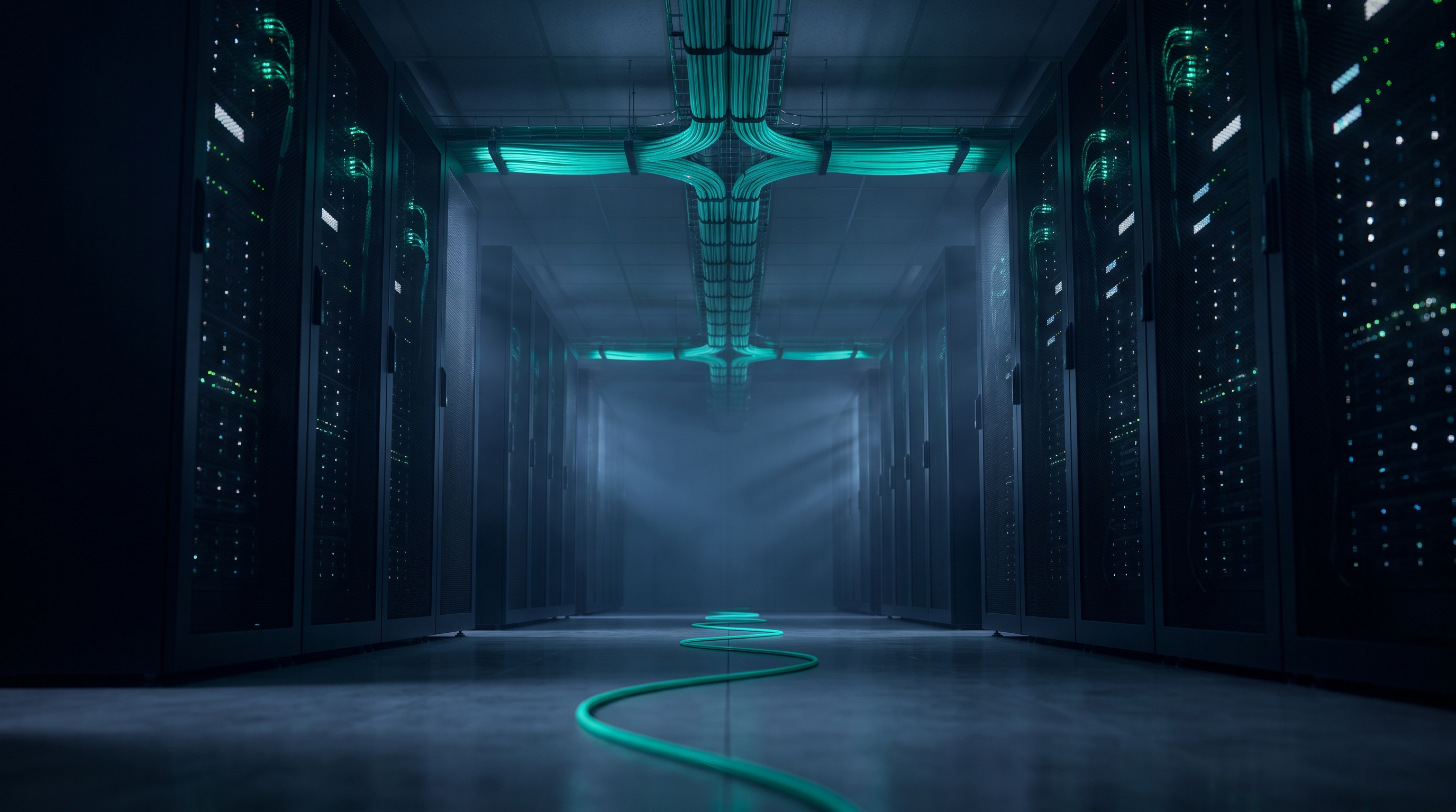 A dark data center aisle lined with server racks, teal fiber optic cables merging into one trunk overhead and a single glowing cable running along the floor