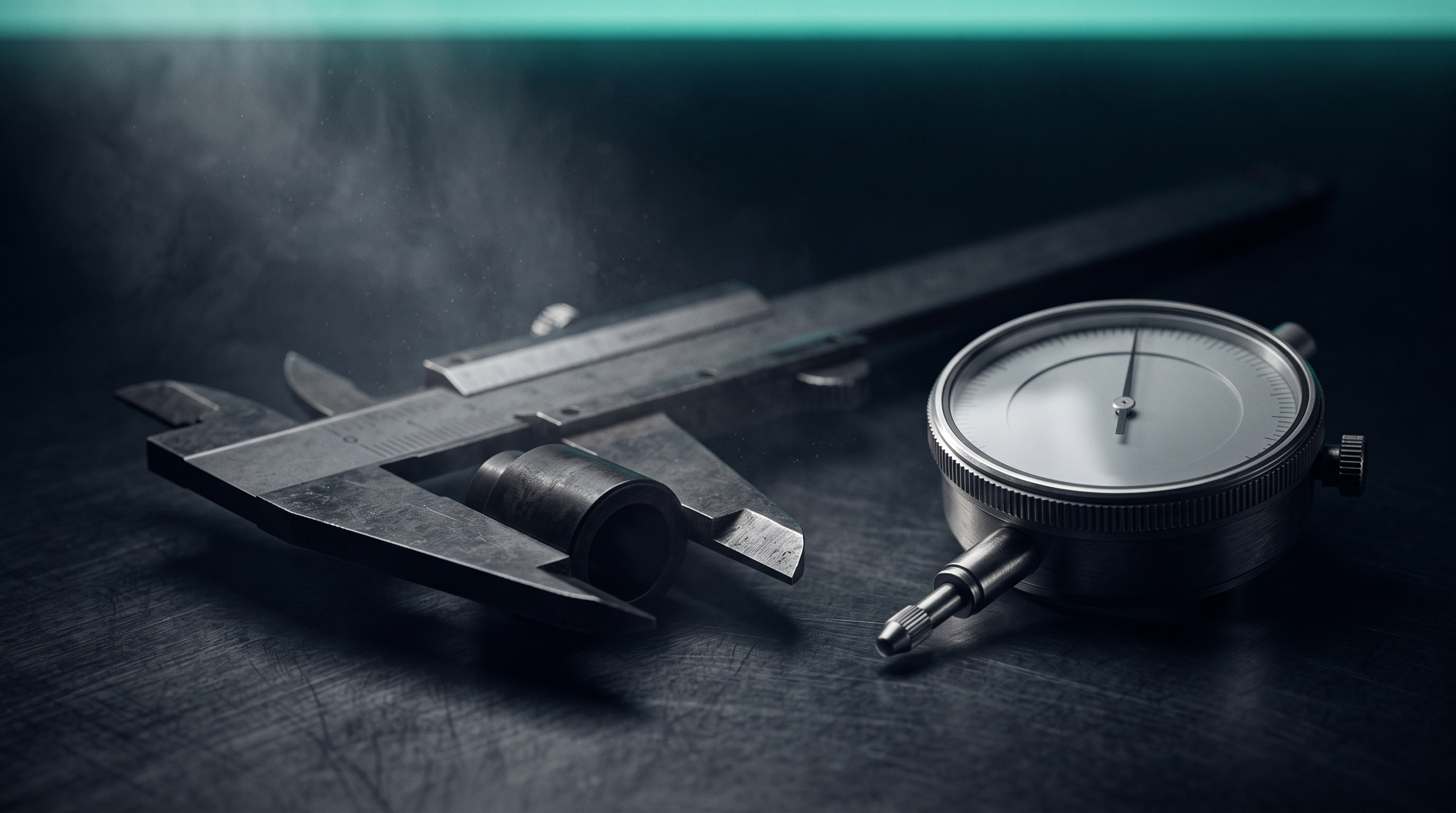 A precision dial indicator and steel calipers resting on a dark brushed-metal surface under a teal rim light