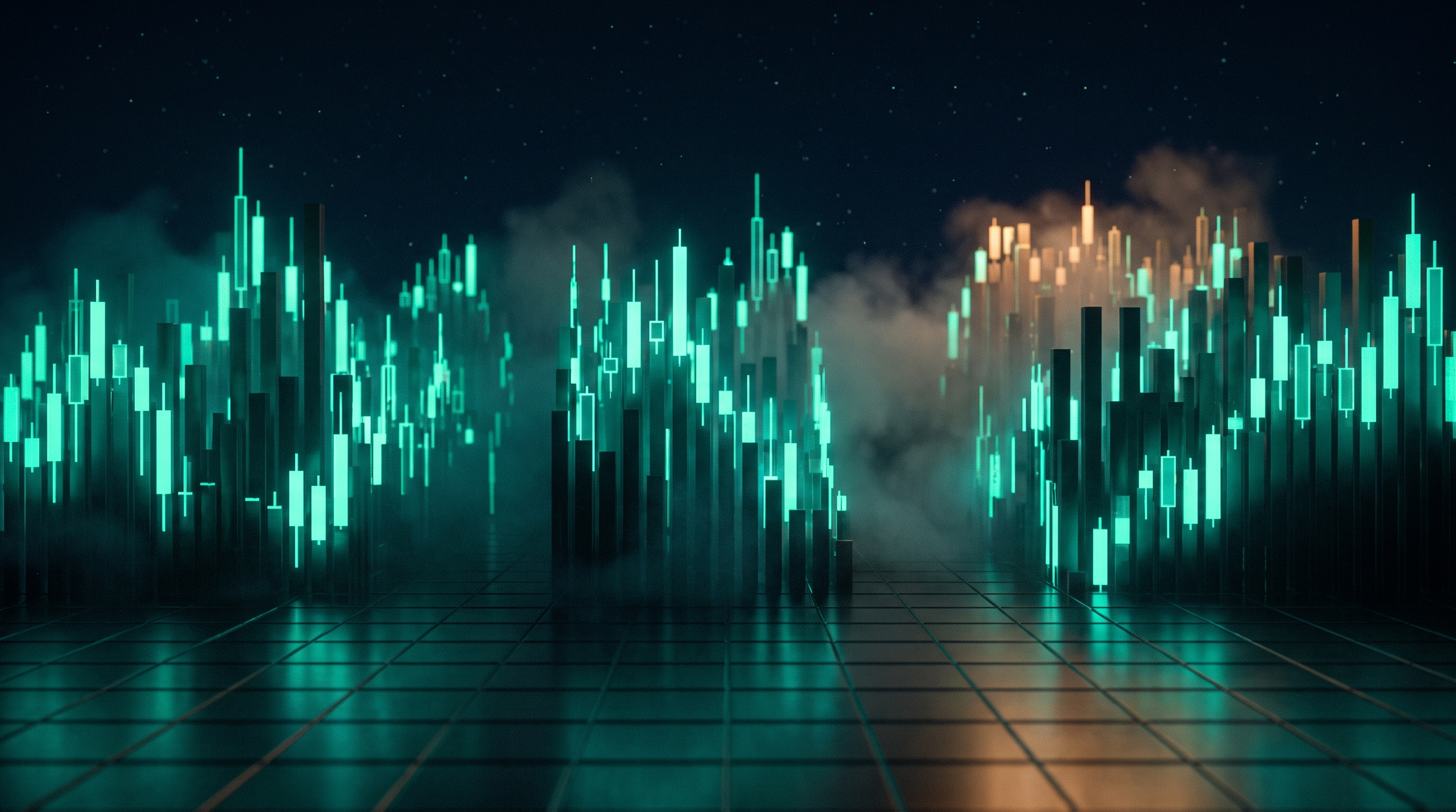 A cinematic render of a nocturnal skyline built from glowing emerald-teal candlestick towers arranged in three separate clustered districts, with volumetric fog rolling between them over a reflective grid floor