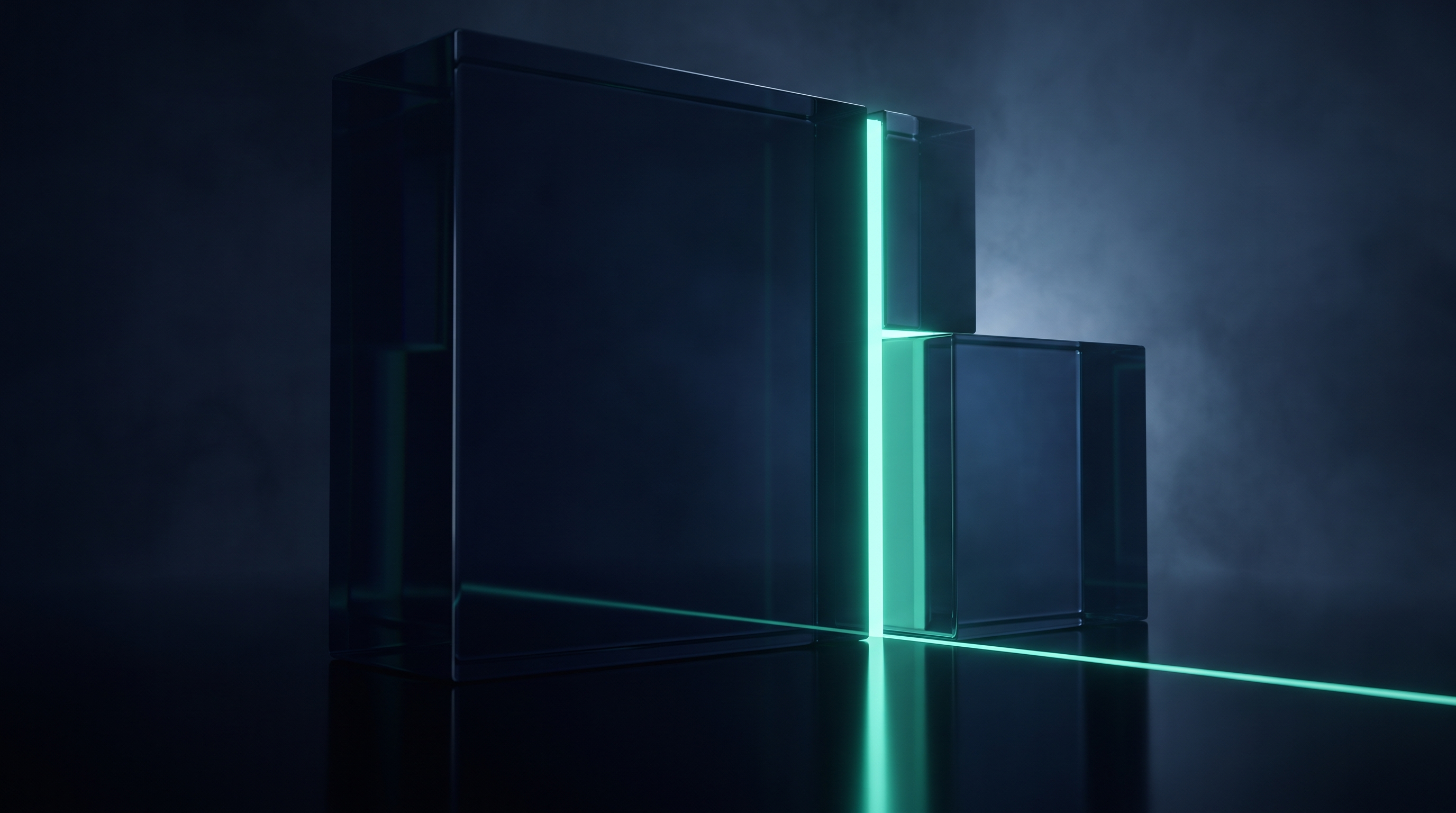A large dark navy glass block on a reflective black floor with a smaller block separating from its side, the seam between them glowing bright mint teal and a thin teal line of light running across the floor, in a hazy deep navy space