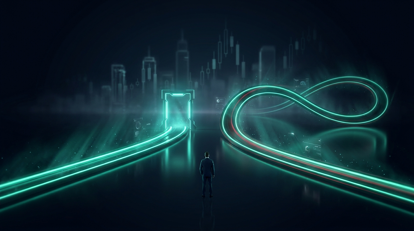 A lone trader seen from behind at two diverging glowing rails, one finite teal track ending at a gateway and one looping endlessly into an infinity curve, on a dark navy background