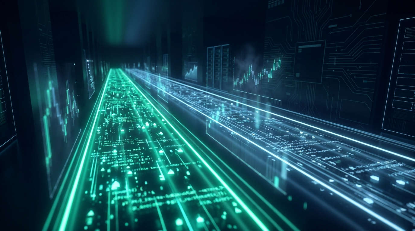 Two parallel glowing data streams flowing through a dark digital corridor, one teal and one steel blue, on a deep navy background