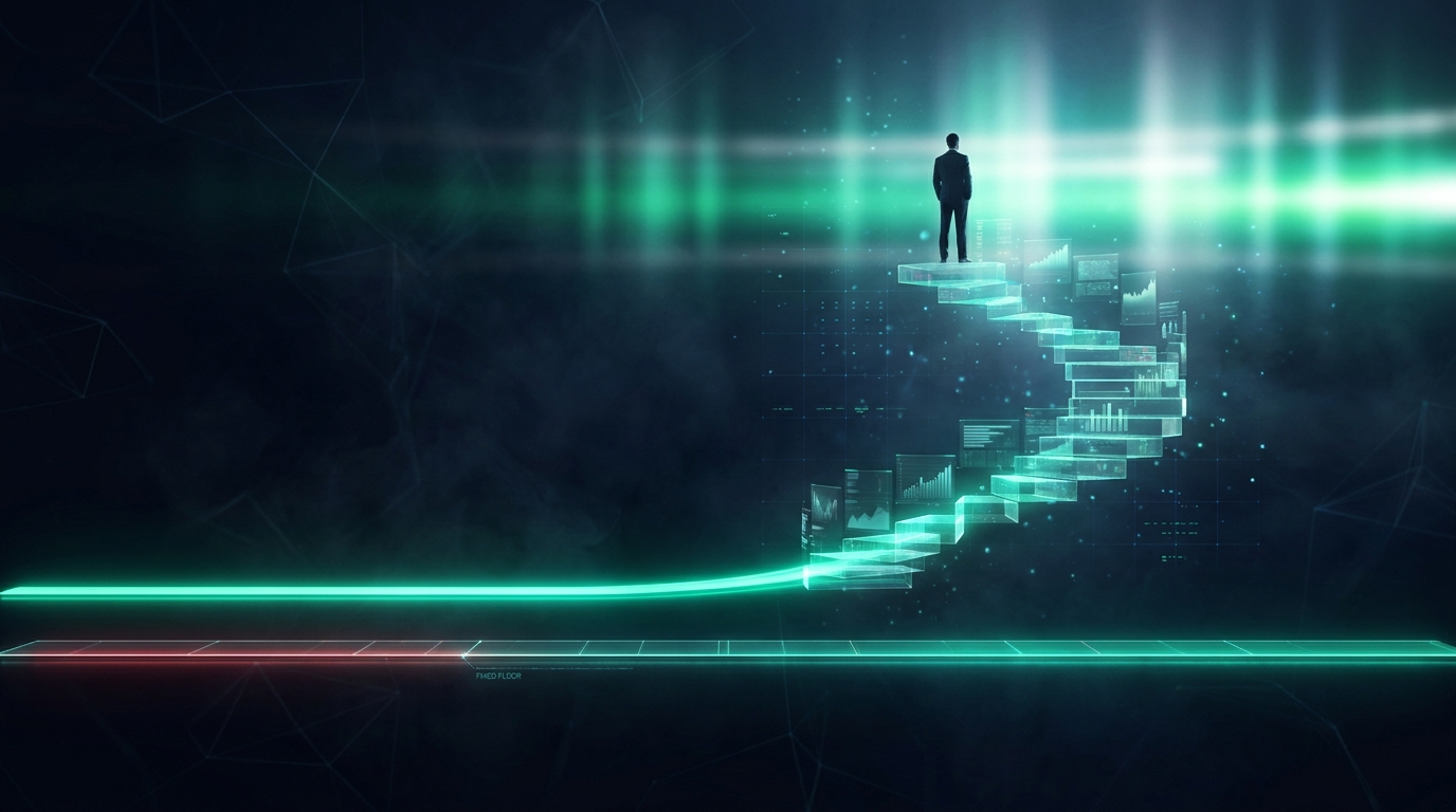 A cinematic render of a rising staircase of teal data blocks above one fixed floor line and one trailing floor line, representing static vs trailing drawdown