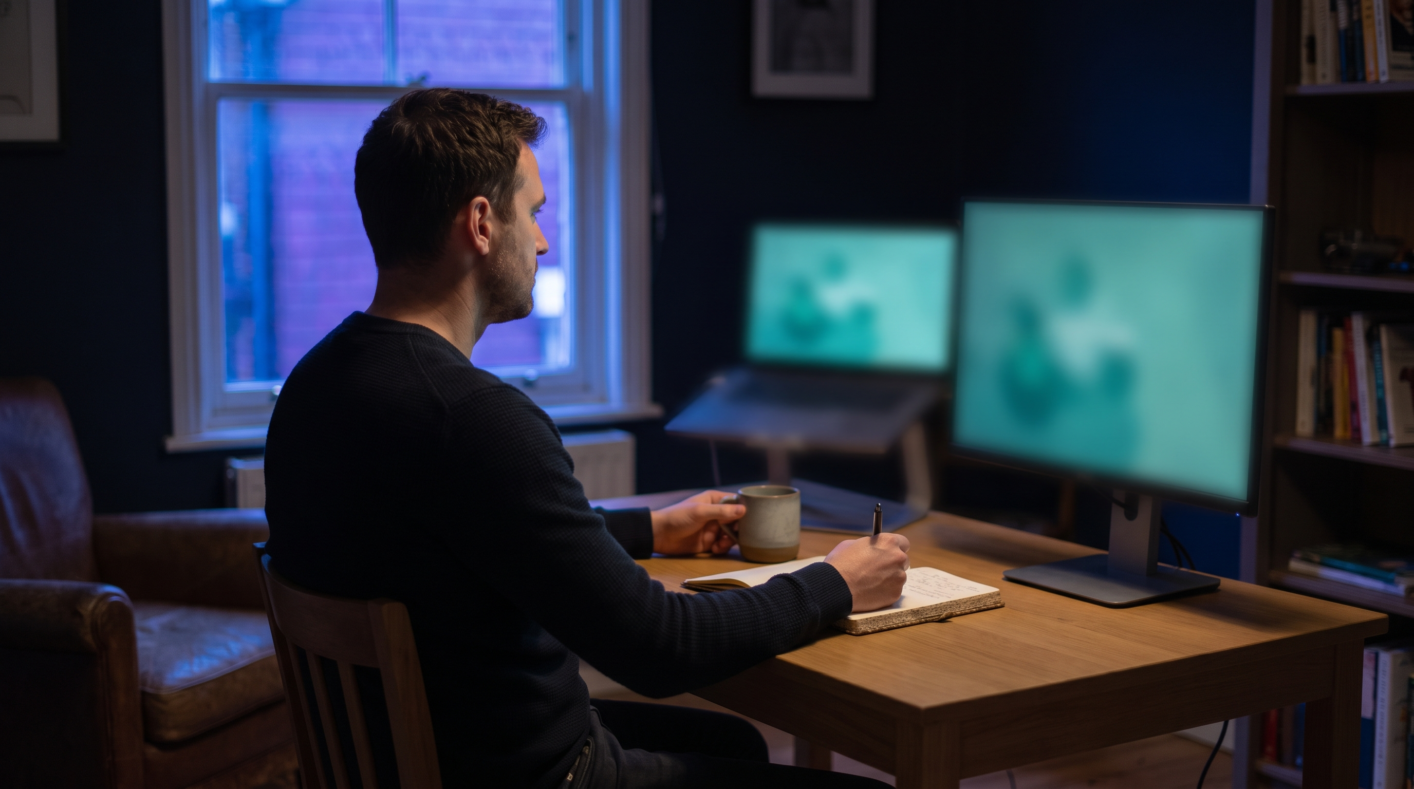 A trader in a dark sweater sits at a wooden desk before dawn, pen over an open notebook and coffee in hand, facing two softly glowing teal monitors in a dark navy room