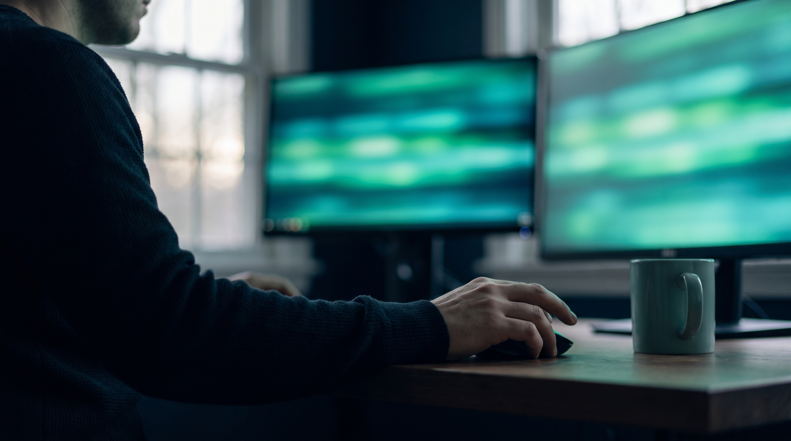 A trader in a dark sweater at a wooden desk, hand resting on a mouse with one finger raised before a click, two out-of-focus monitors glowing teal-green behind a plain mug