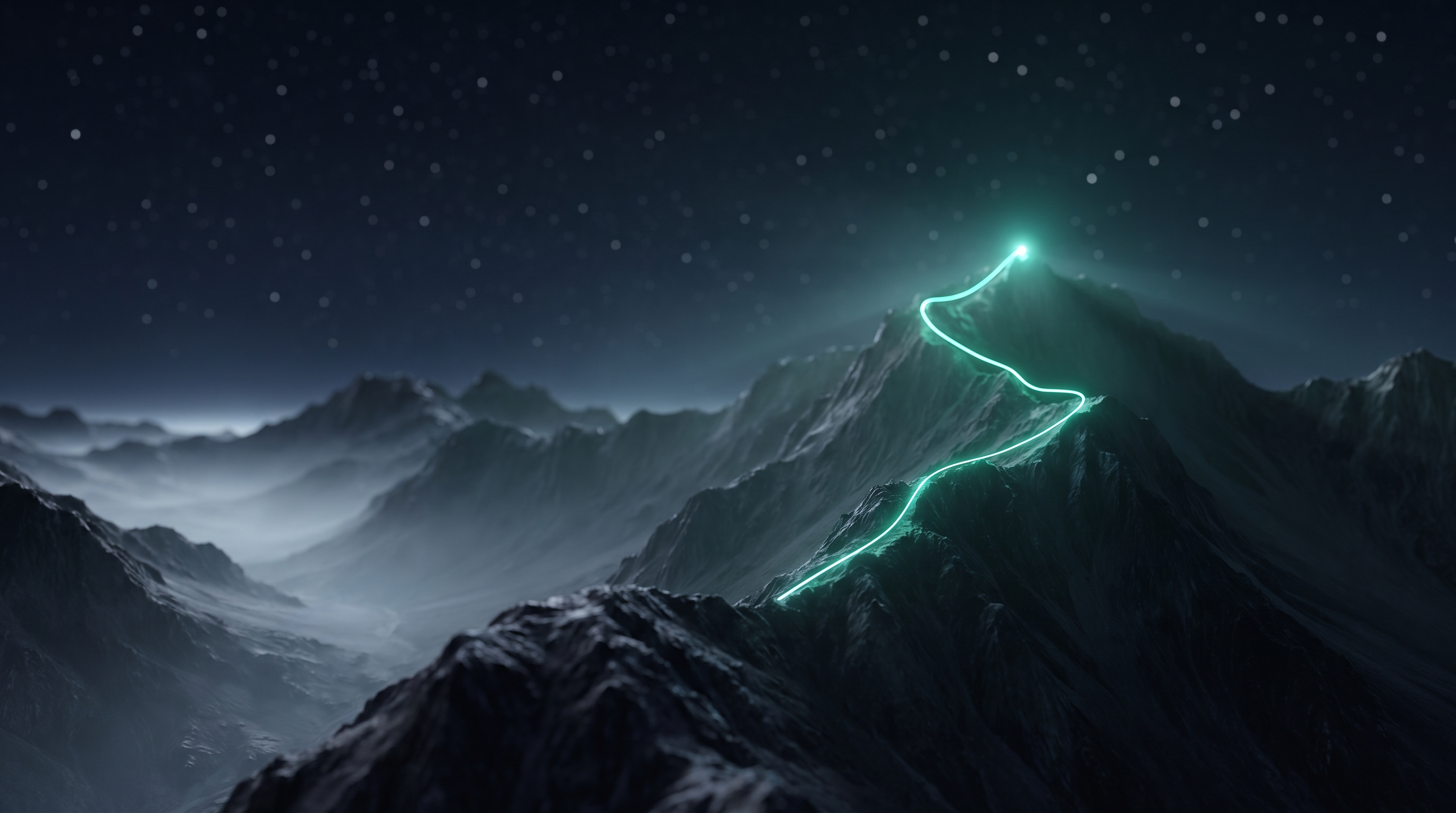 A dark mountain range at night under a starry deep navy sky, with a thin line of glowing teal light tracing a path up the ridge to the highest summit and mist settled in the valleys below