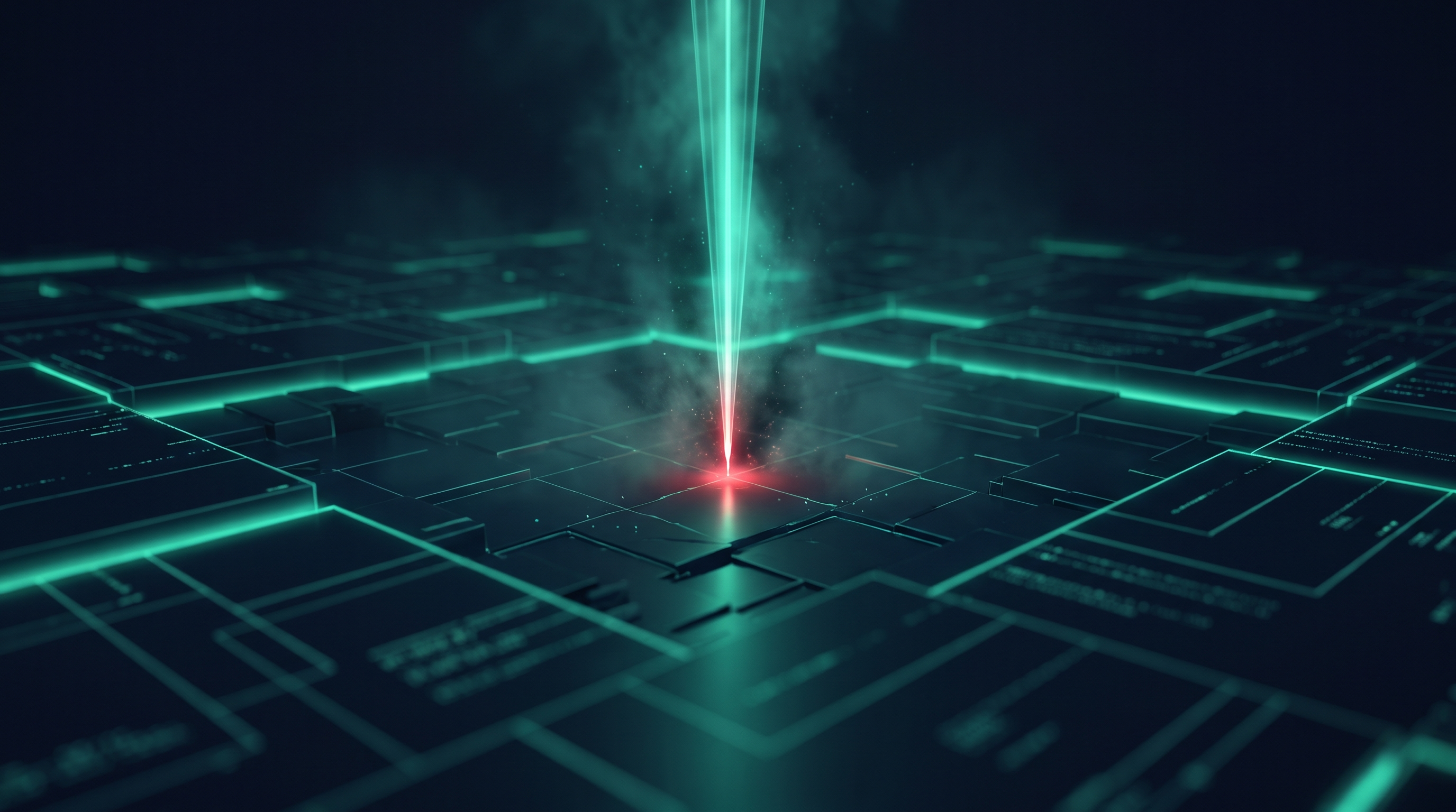 A cinematic dark grid plane where a single narrow blade of teal light stabs sharply downward far below the surrounding structure, with a small red accent at its lowest point, representing a brief liquidity spike