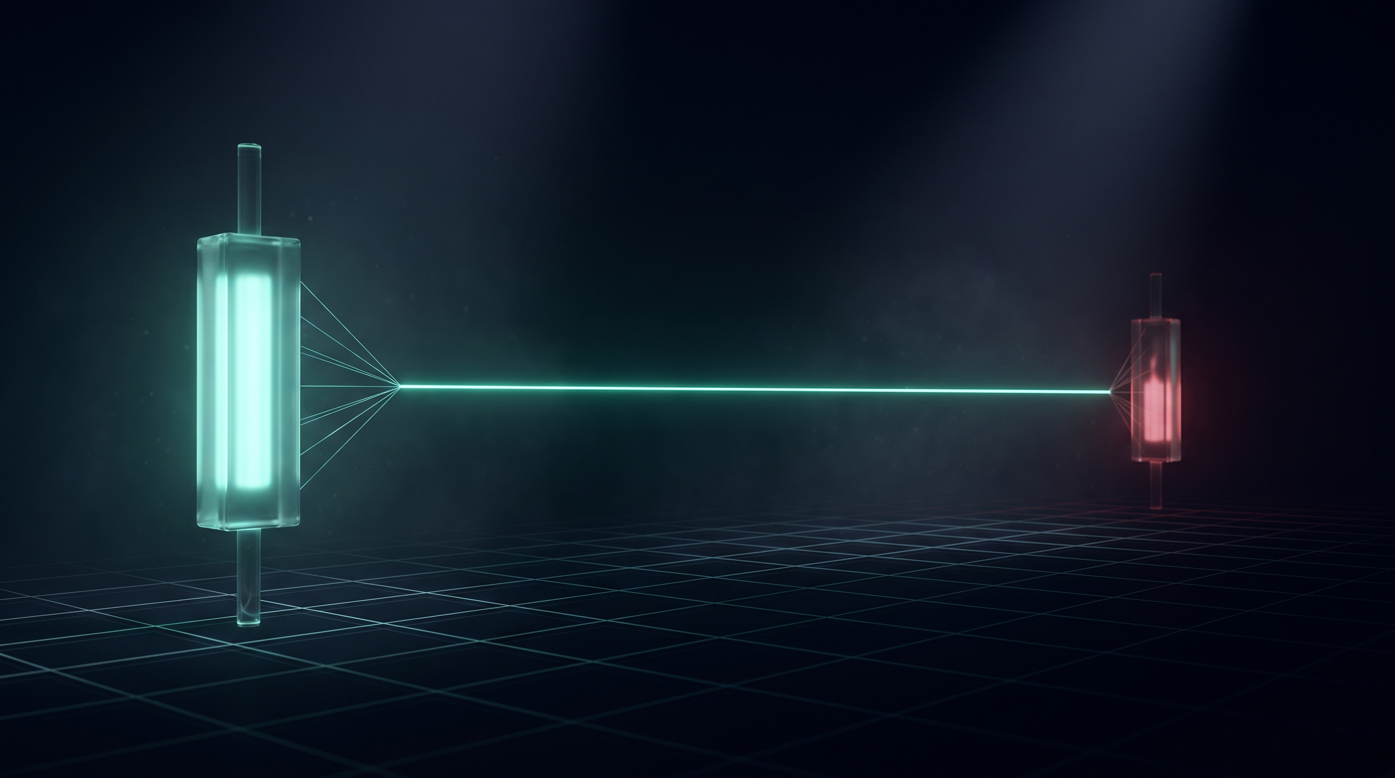 A thin taut teal laser tripwire stretched across a dark space between a large glowing teal glass candlestick and a smaller red one, over a faint wireframe grid floor