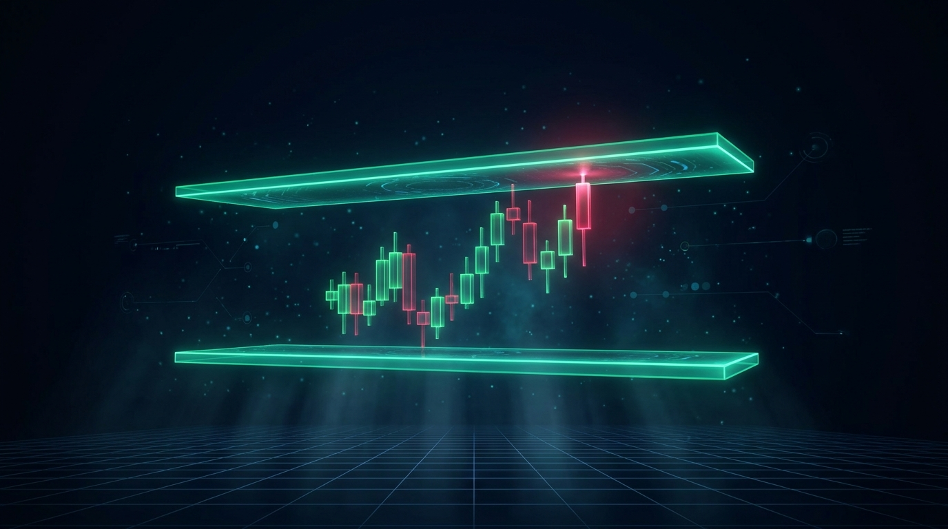 A cinematic render of a holographic candlestick chart bouncing between two glowing teal horizontal planes, one acting as a price floor and the other as a ceiling