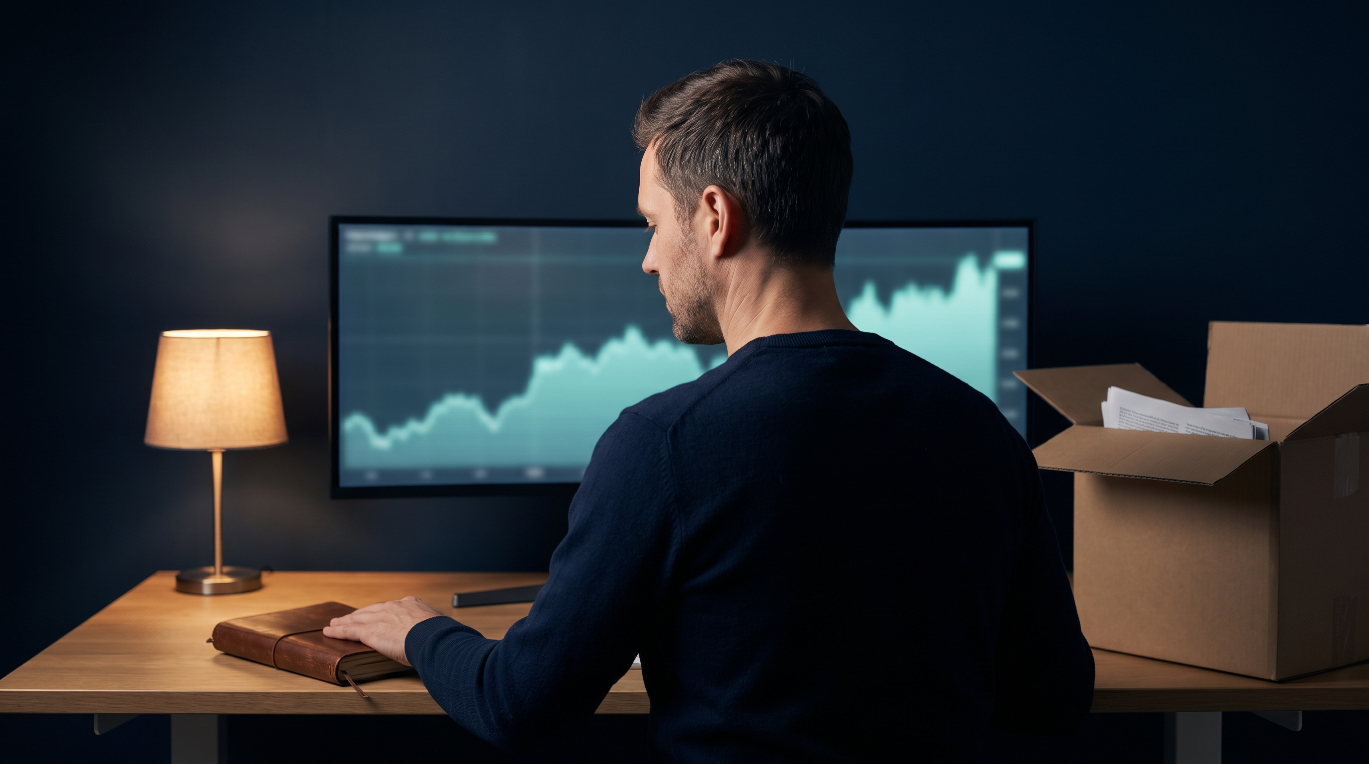 A trader seen from behind at a new wooden desk in a dark navy home office at night, resting a hand on a leather trading journal beside an open moving box, with a monitor showing a teal chart