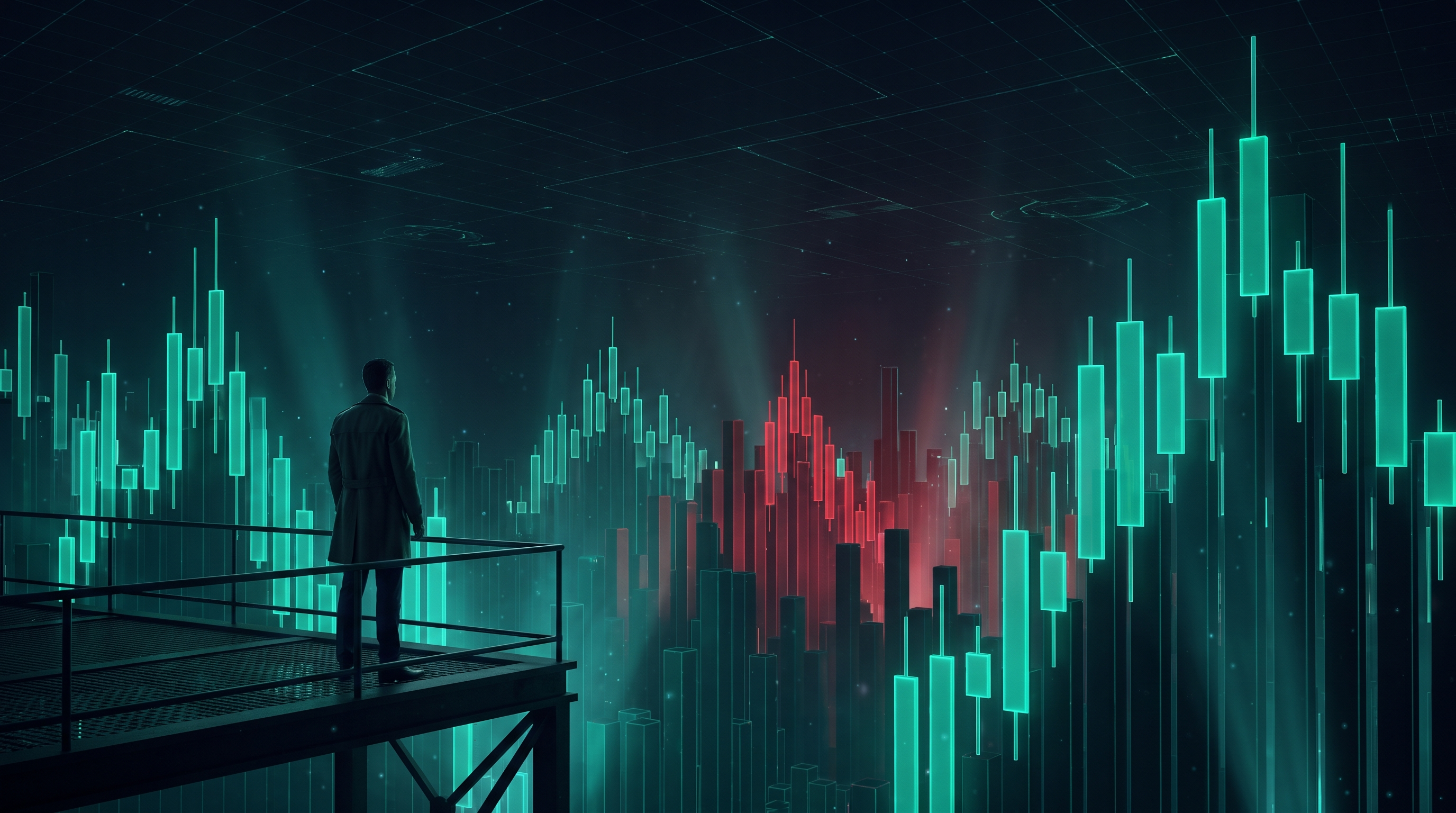 A cinematic render of a nocturnal skyline built from glowing candlestick towers where one crimson district lights neighboring towers in sequence, with a lone figure on a dark walkway watching