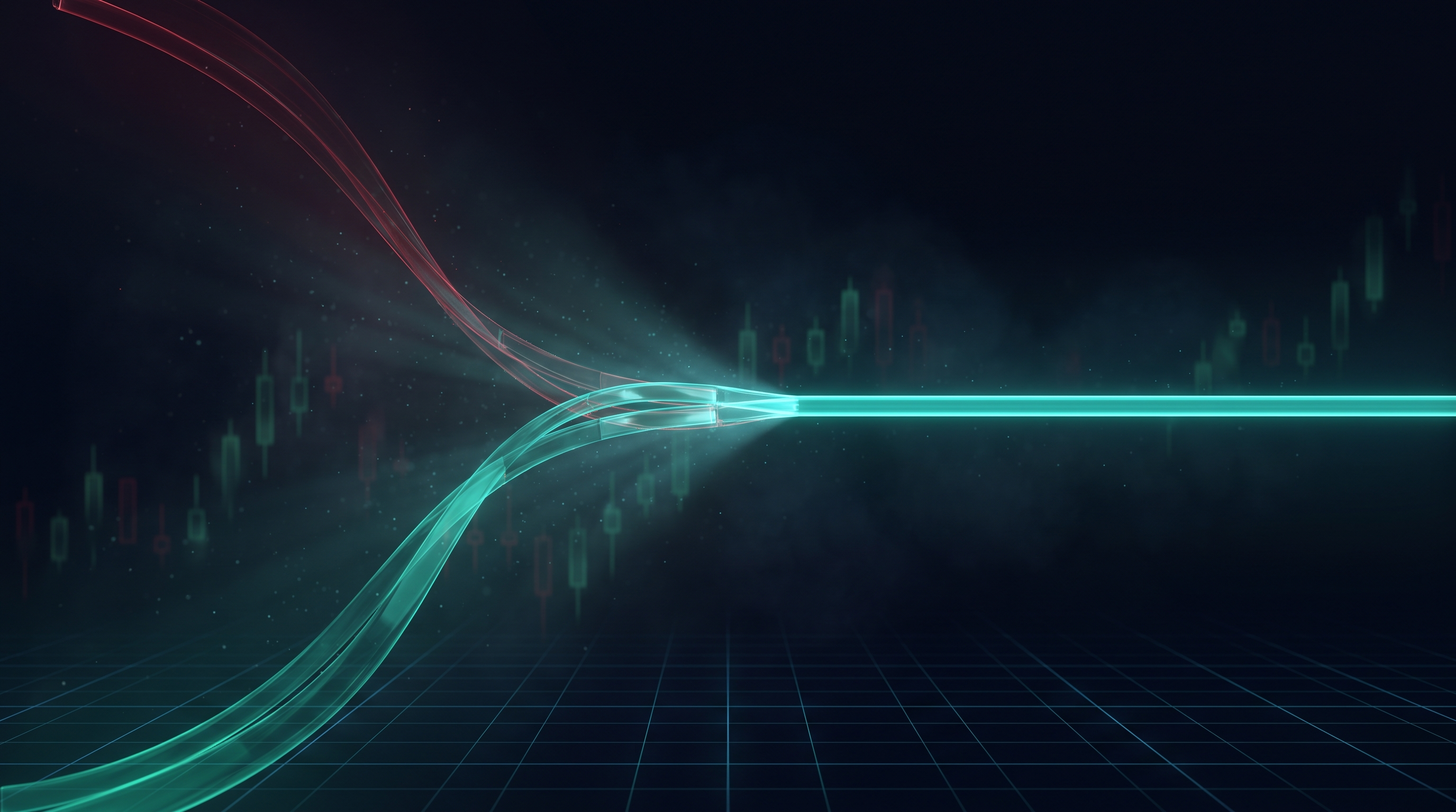 Two translucent ribbons of light, one teal rising and one faint red descending, converge at the center and fuse into a single straight teal beam over a dark navy grid