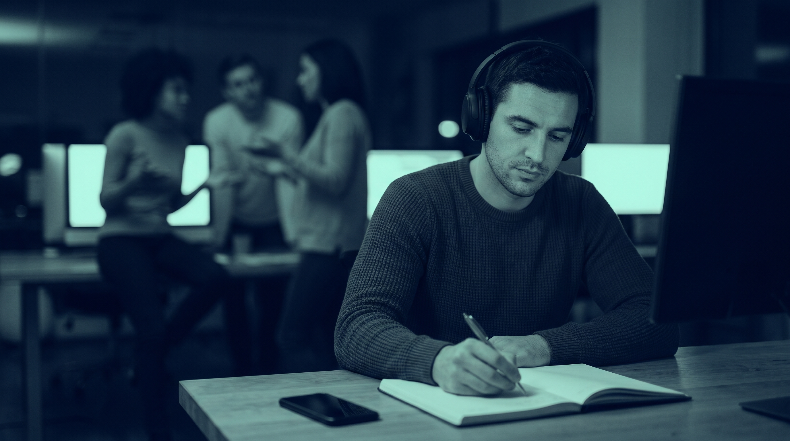 A lone trader wearing headphones calmly writing a plan in a paper notebook at a desk at night, a phone face-down beside him, while a group of people talk in the blurred background