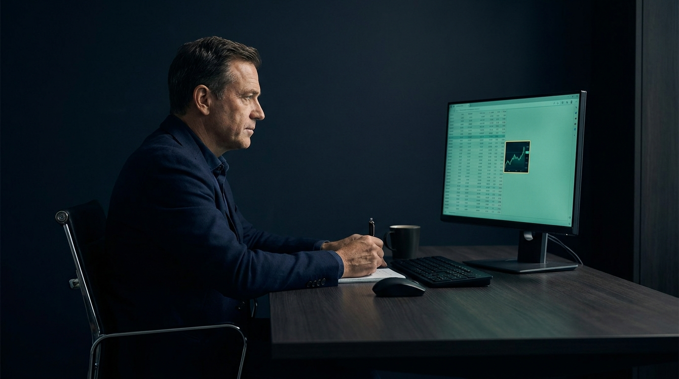 A calm trader at a clean dark desk lit by teal screen glow, reviewing a single position, representing the disciplined 1 percent risk rule