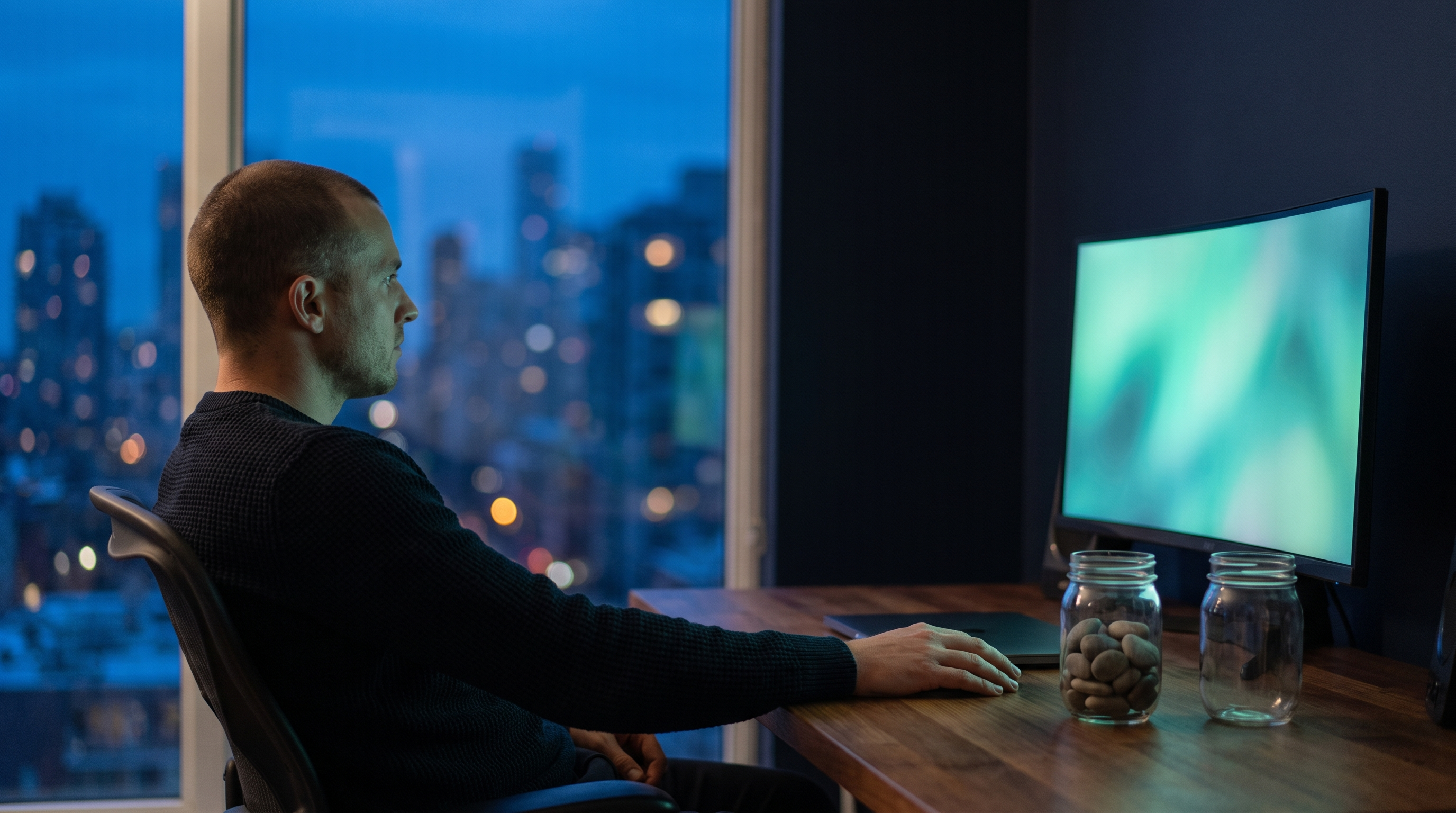 A trader seated at a wooden desk at dusk looking at a teal-lit monitor, with one glass jar half full of stones and an empty jar beside it