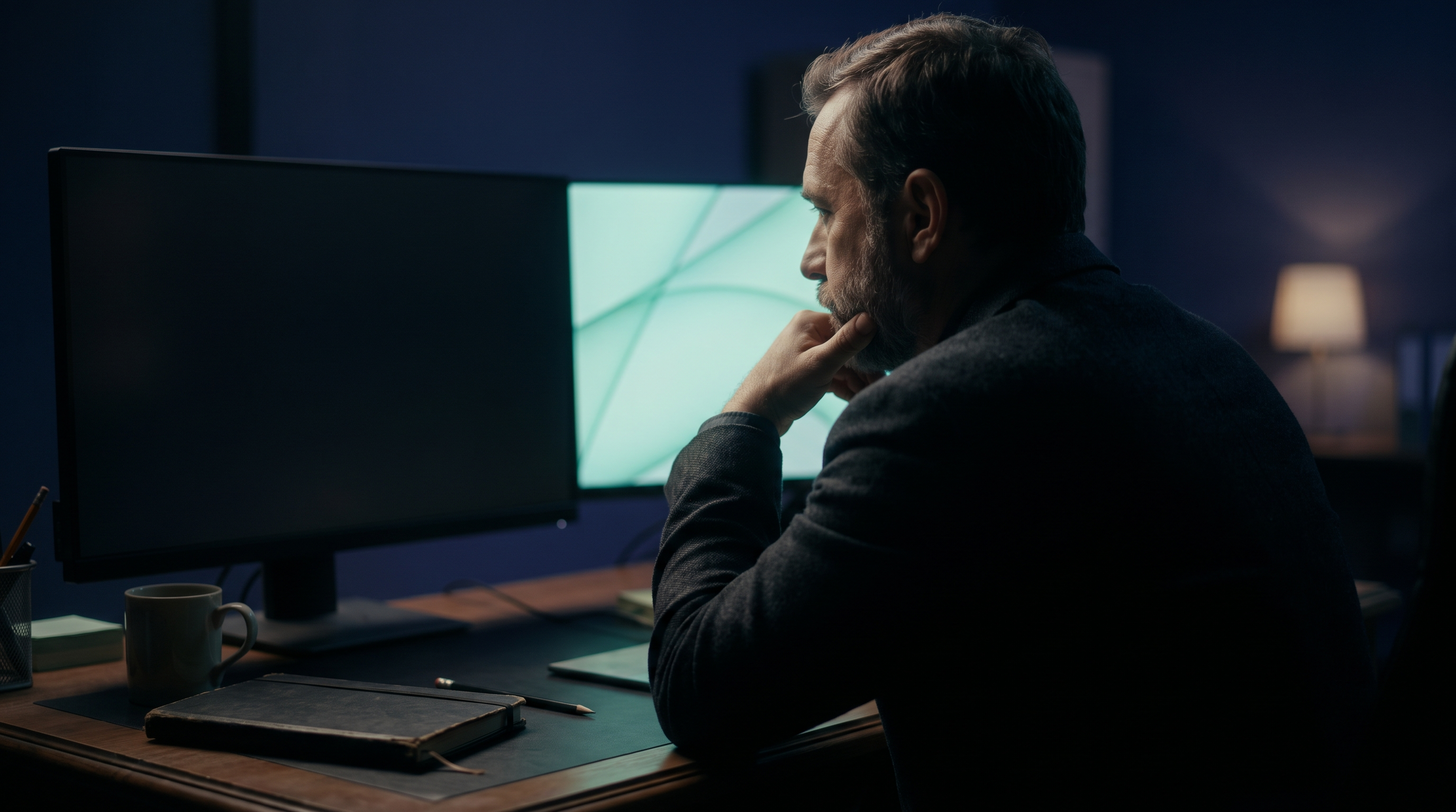 A thoughtful man seen from behind his shoulder at a dark desk late at night, chin resting on his hand, studying a monitor that glows soft mint teal, with a closed notebook, a pencil and a mug on the desk in a deep navy room