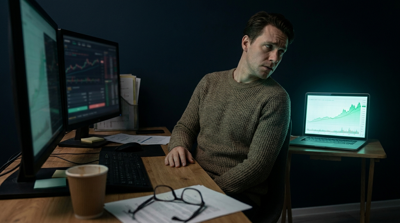 A trader at their desk distracted, glancing toward another glowing screen showing someone else's results, representing the comparison trap