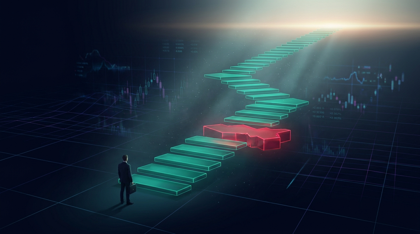 A cinematic render of evenly spaced glowing teal steps climbing toward a bright horizon with one oversized red step breaking the rhythm, representing the consistency rule