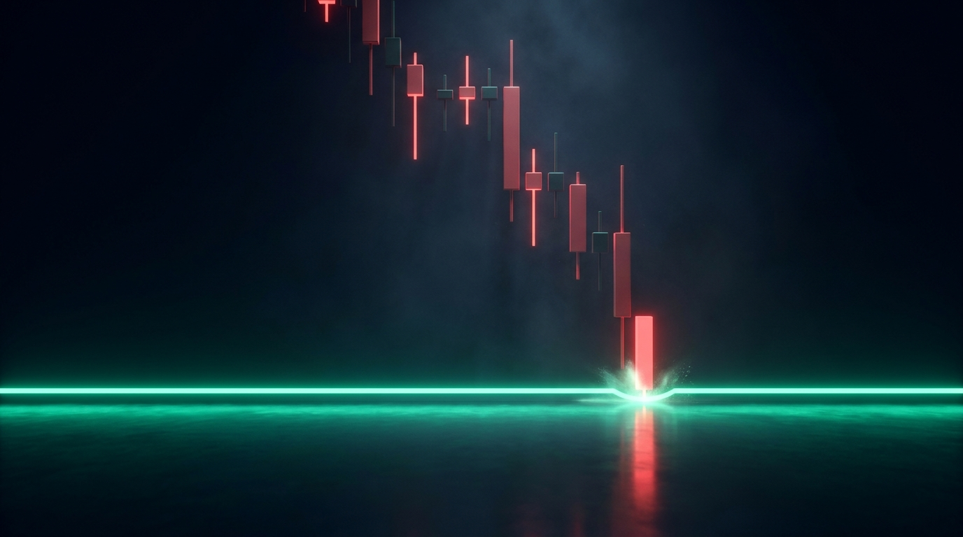A glowing teal threshold line acting as a hard floor beneath a row of descending candlesticks, representing a daily loss limit