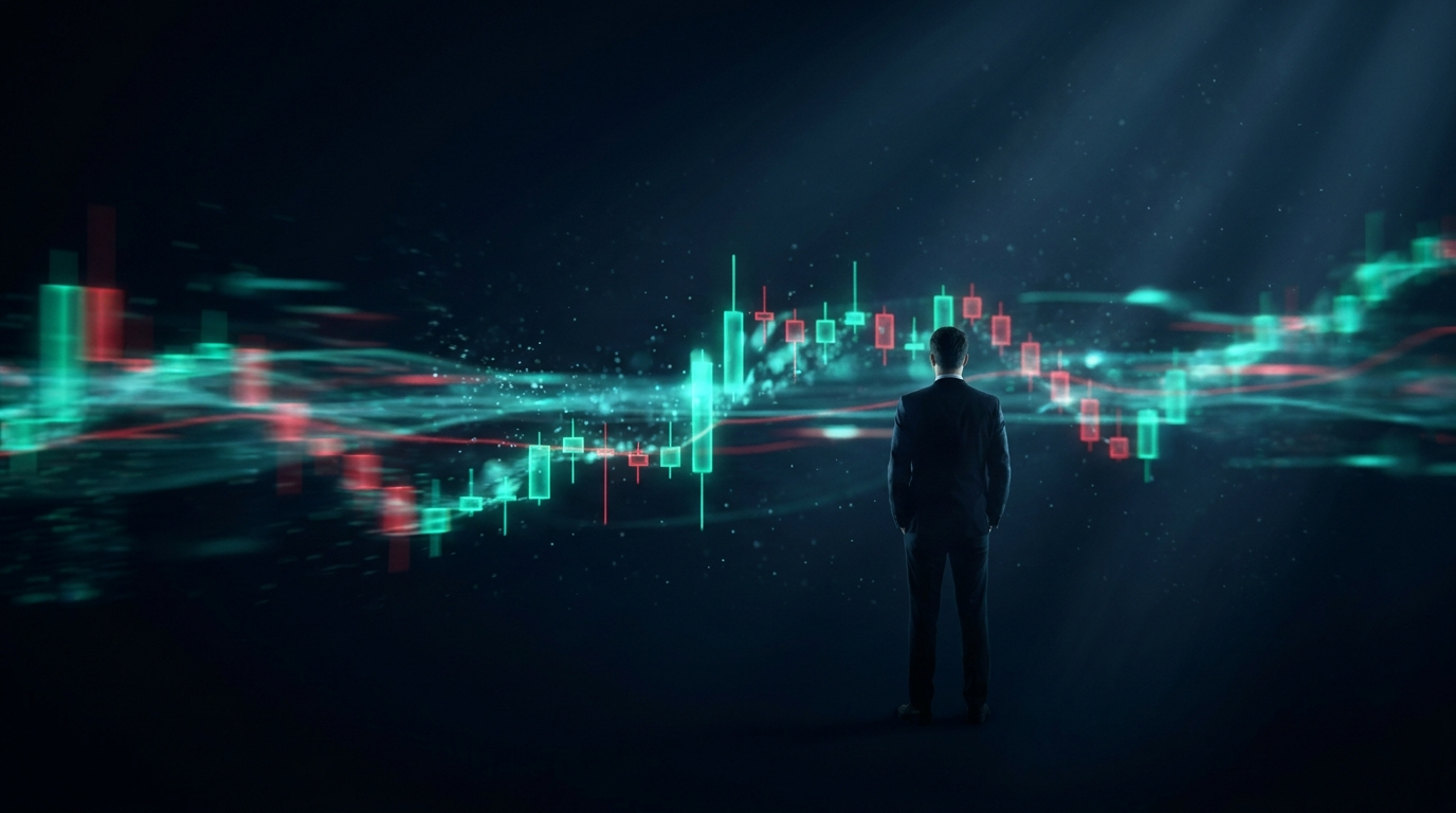 A lone suited figure shot from behind standing still and calm while a fast rushing river of red and emerald holographic candlestick data streaks horizontally past in the dark