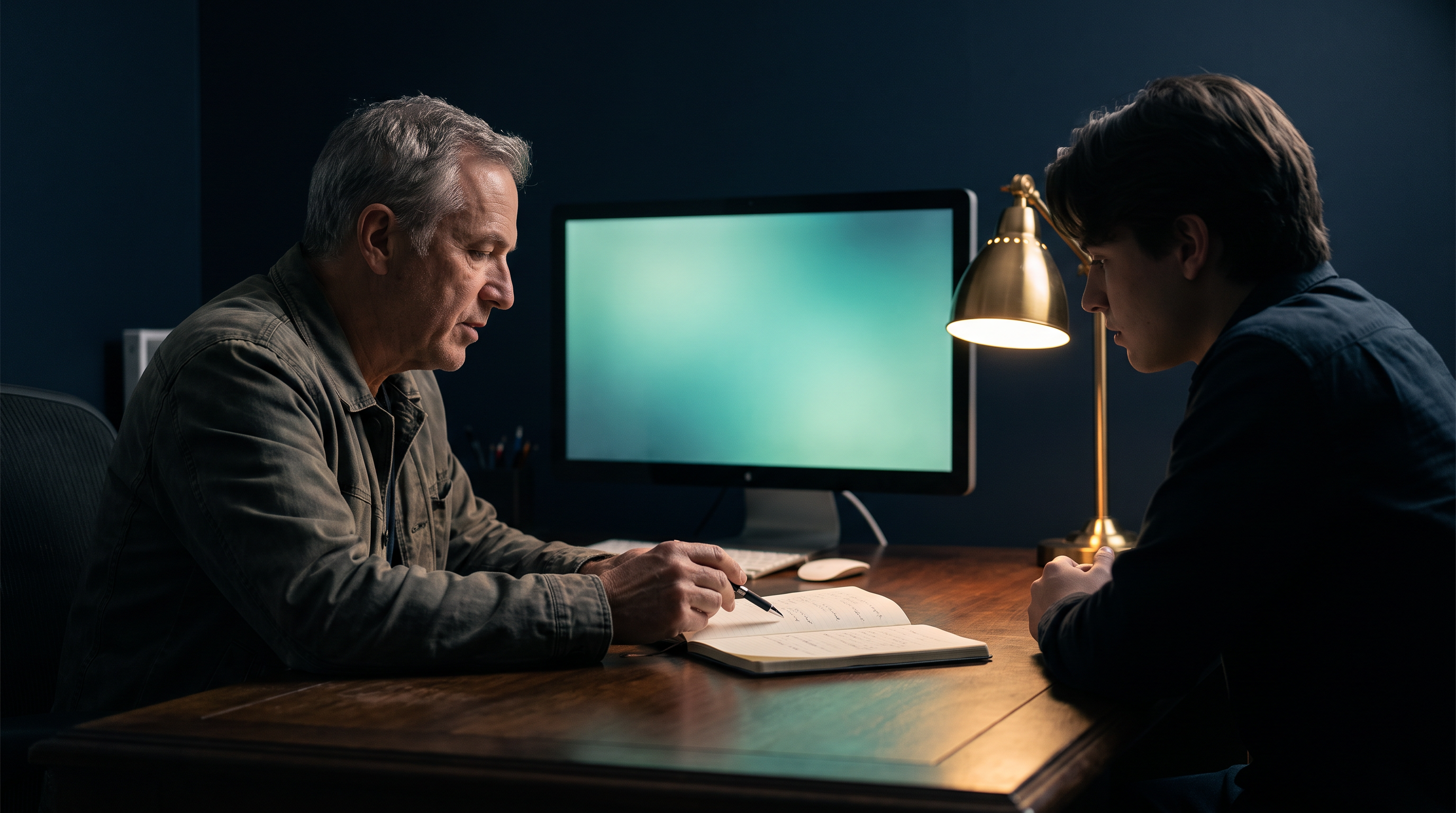 An experienced trader pointing at an open notebook while a younger trader listens across a wooden desk in a dim office, a monitor glowing plain teal behind them