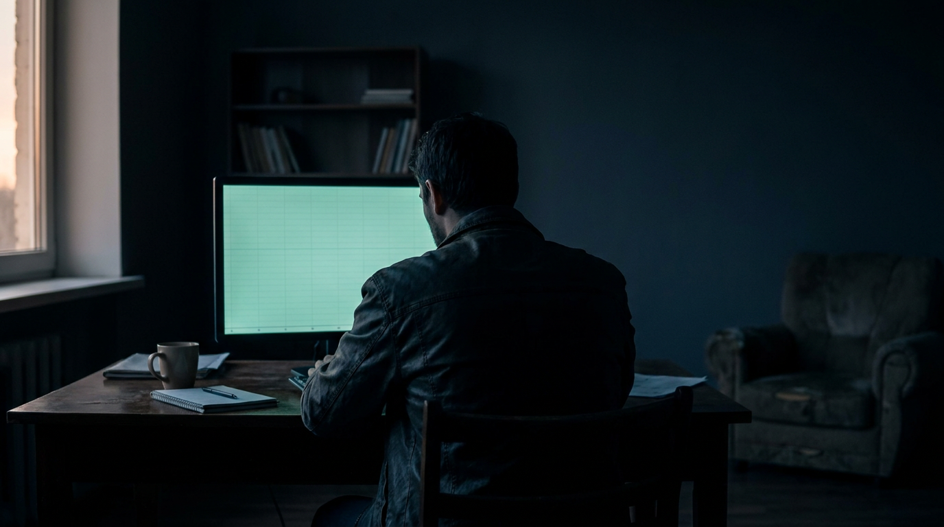 A lone trader returning to a dark desk at dawn with a single teal-lit screen showing a fresh chart, representing restarting a trading evaluation