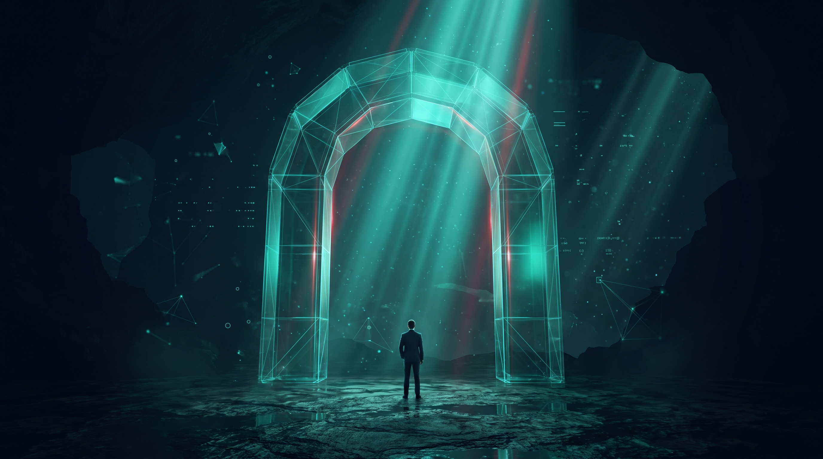 A lone figure in a suit seen from behind facing a towering glowing archway built from stacked translucent glass panels, emerald light spilling through into a dark space, representing entering a funded trading agreement