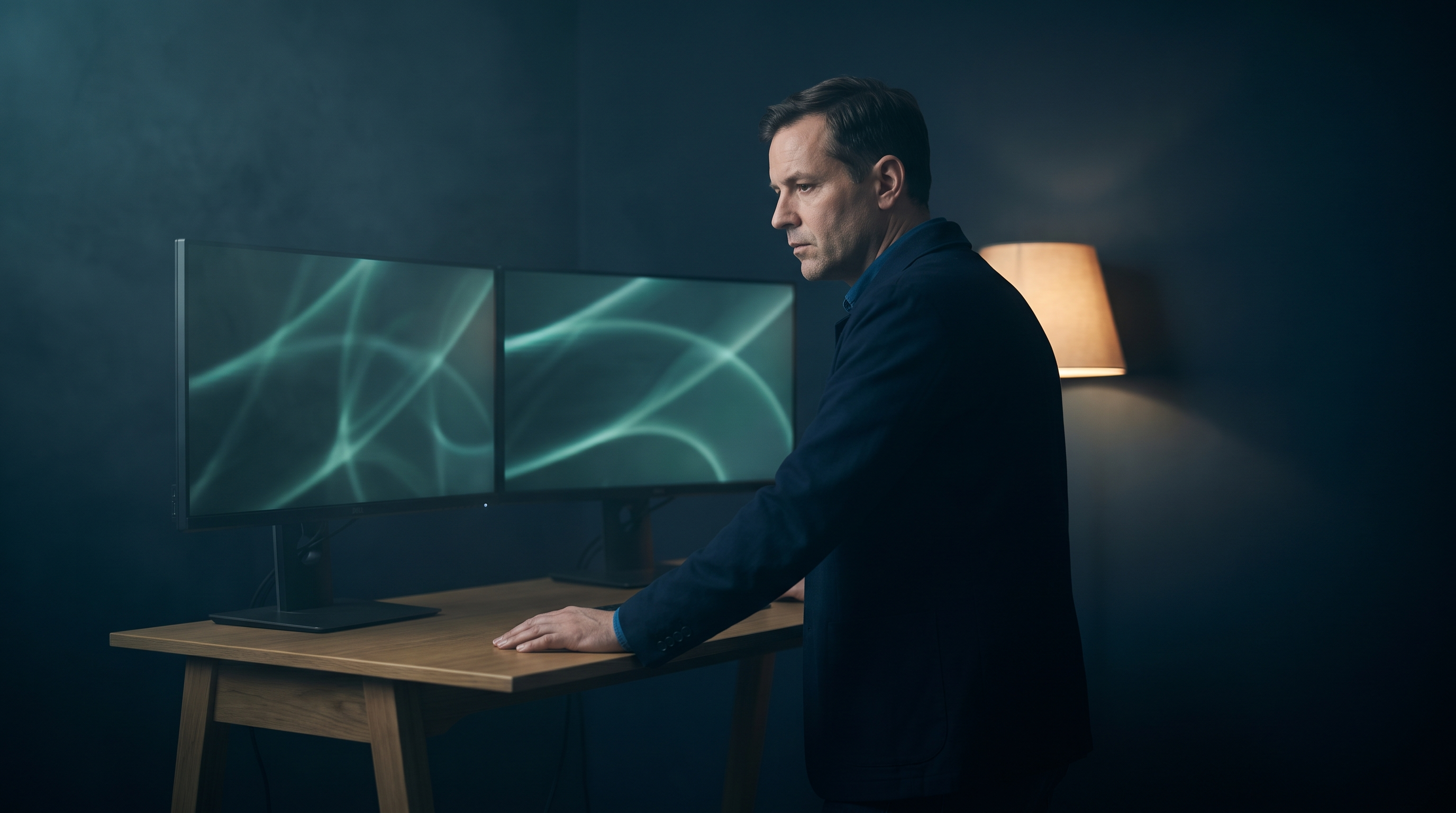 A trader standing at a desk in a dark navy office, leaning on one hand while studying two monitors that glow with soft teal light