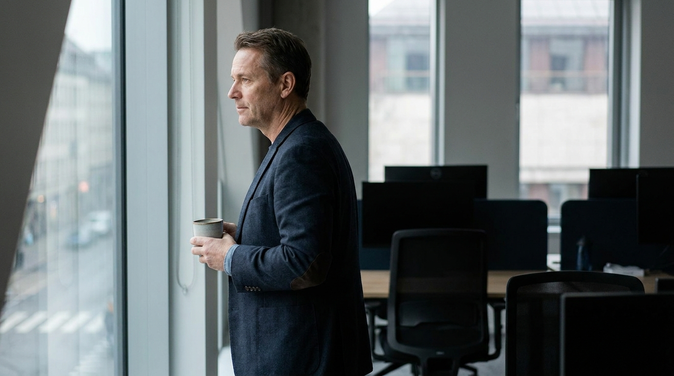 A trader taking a short, composed break by a window with a coffee