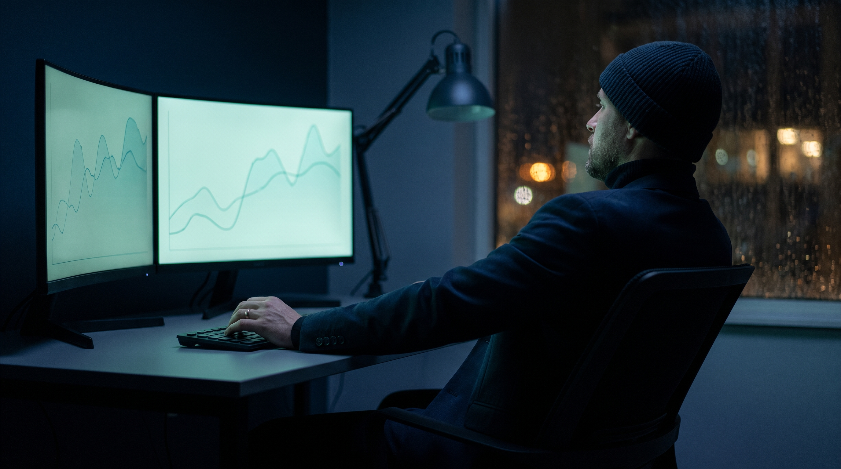 A day trader in a dark knit cap and coat sits at a minimalist desk at night with one hand resting on the keyboard, studying two unbranded monitors that glow with soft teal line charts, rain on the window behind him