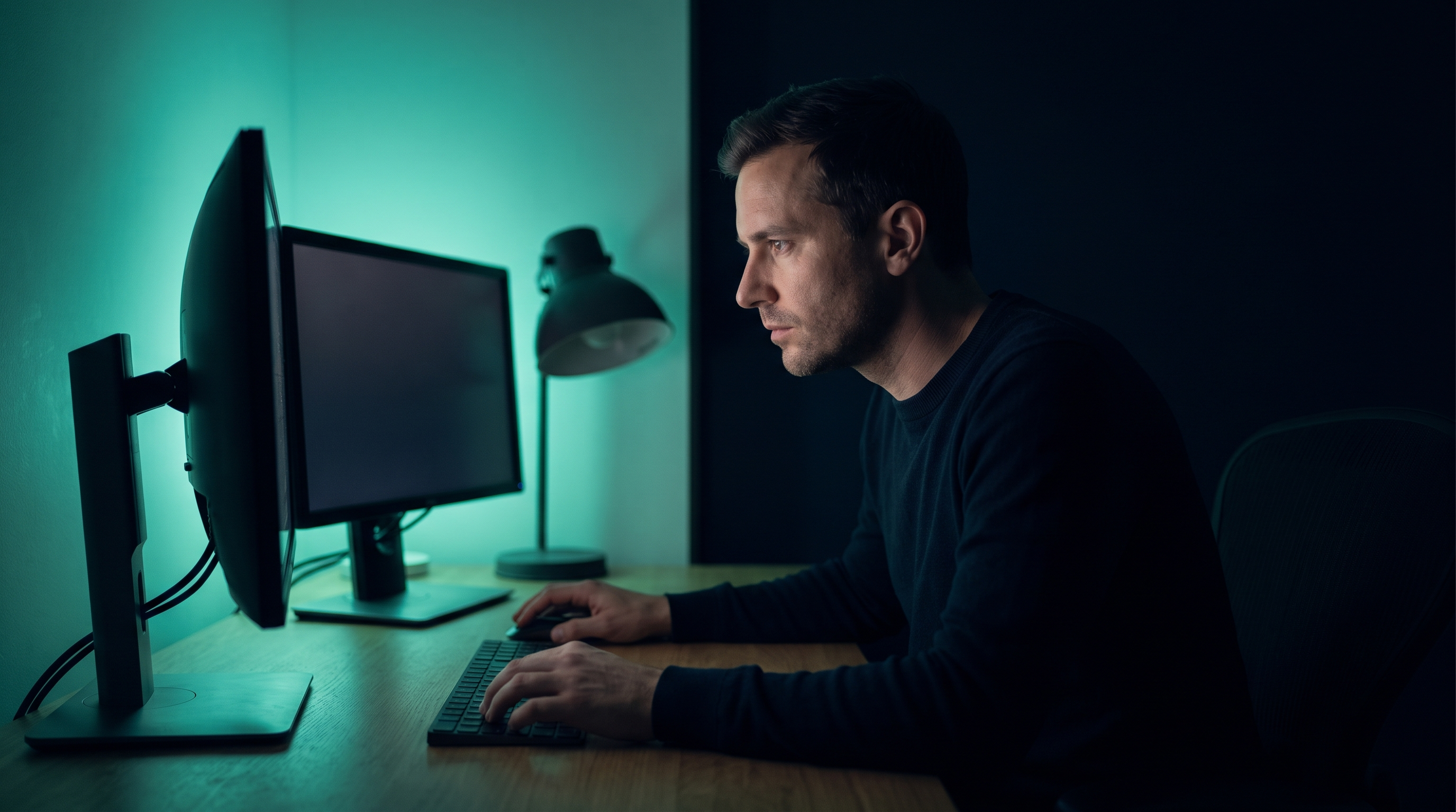 A trader in a dark sweater seen in profile at a desk at night, one hand on the mouse and one on the keyboard, his face lit by the teal glow of two monitors