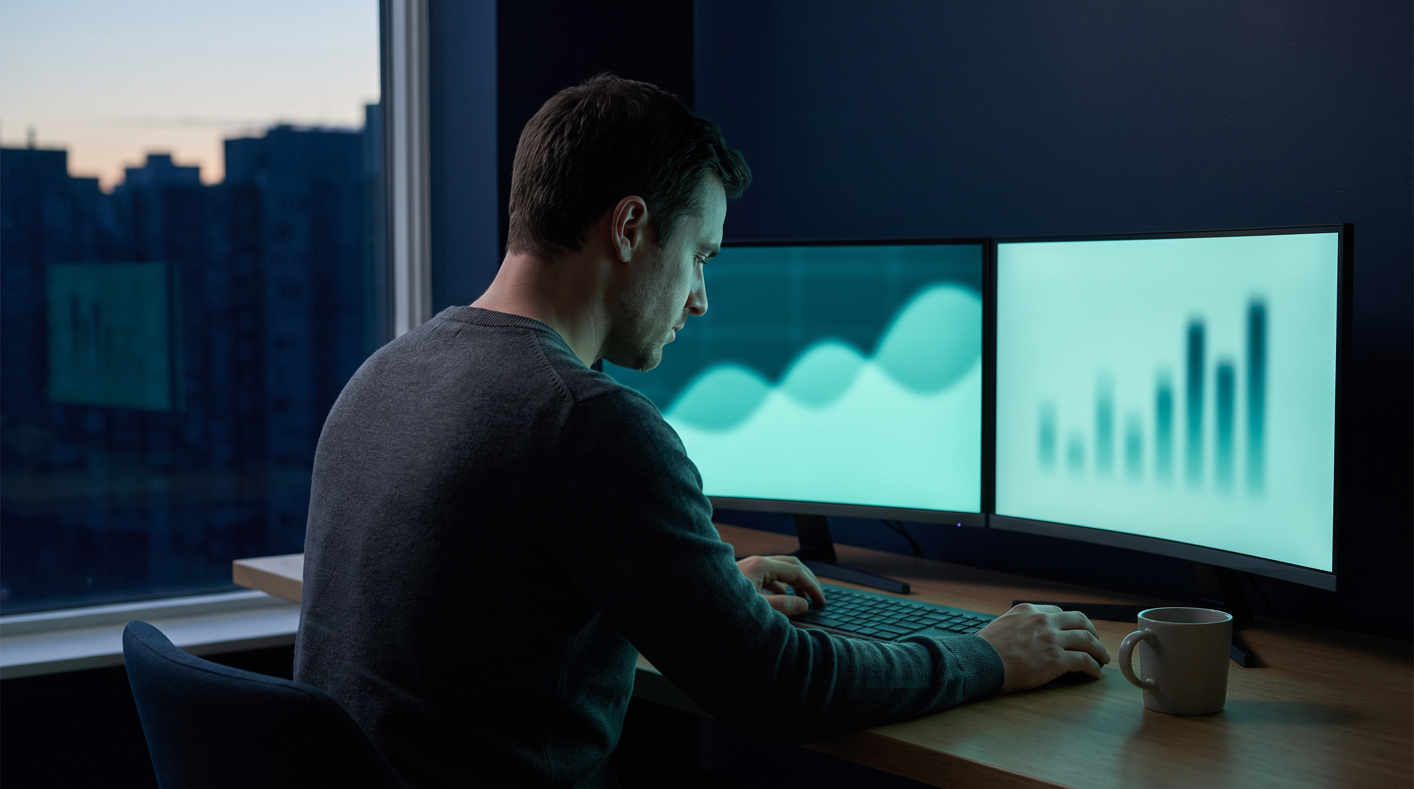 A day trader in a charcoal sweater sits at a home-office desk before dawn, hands on the keyboard beside a coffee mug, watching two unbranded monitors with soft teal charts while the city outside the window is still dark